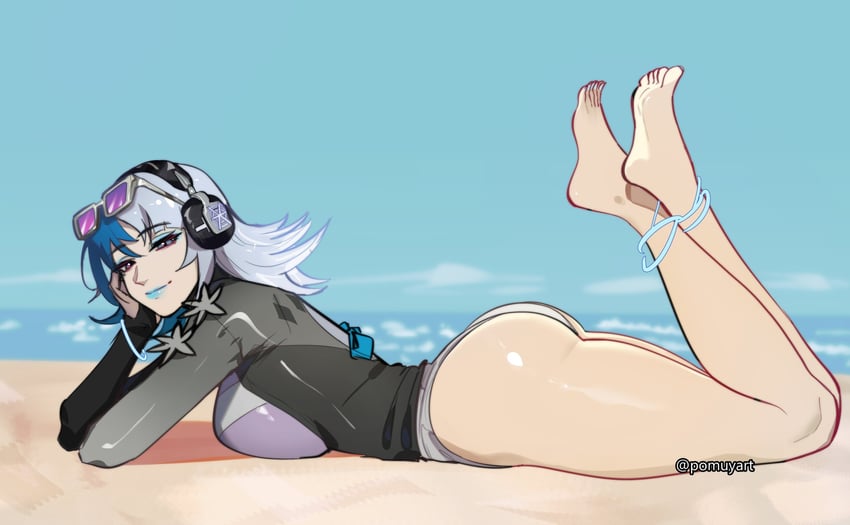1girls, 2d, 2d (artwork), alternate costume, alternate hairstyle, artist name, asian, asian female, ass, ass focus, beach, big ass, big breasts, blue hair, blue lips, blue lipstick, breast press, breasts, clothing, curvaceous, curvaceous figure, curvy, curvy female, curvy figure, curvy thighs, day, feet, feet up, female, female only, full body, hand on head, happy, heterochromia, huge ass, korean, korean female, lavender hair, legs, light skin, light-skinned female, lipstick, looking at viewer, luna snow, luna snow (cool summer), luna snow (marvel rivals), makeup, marvel, marvel comics, marvel rivals, multicolored hair, netease games, no pants, official alternate costume, official alternate hairstyle, one-piece swimsuit, outdoors, paag, pomuya, seol hee, smile, smiling at viewer, solo, solo female, superheroine, swimsuit, thick thighs, thighs, two-tone hair, white hair