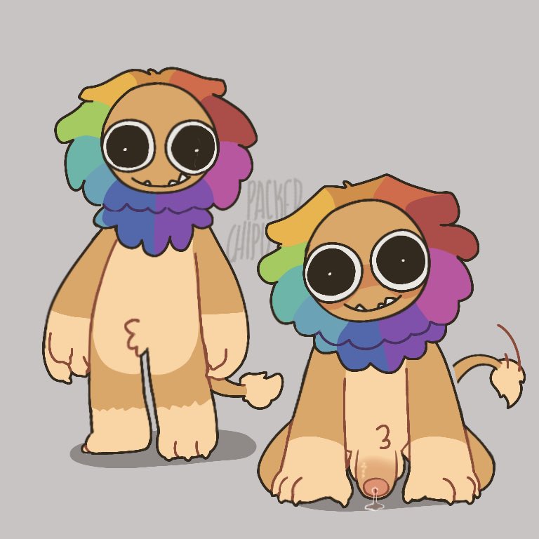 1boy, anthro, anthro only, balls, ballsack, big eyes, black eyes, claws, claws out, cock, cub, dick, felid, feline, fluffy, fluffy tail, furry, furry male, furry only, hands on floor, hands on ground, leaking, leaking penis, lion, lion boy, lion mane, lion tail, looking at viewer, male, male cub, male only, mane, mascot horror, mob entertainment, mob games, multicolored hair, multicolored mane, on floor, on ground, on knees, penis, poppy playtime, poppy playtime (chapter 4), rainbow mane, shadow, small penis, small pupils, smaller anthro, smaller male, smiling, staring, staring at viewer, tail, teeth, wagging tail, yarnaby (poppy playtime), young, young anthro, young male, younger anthro, younger male