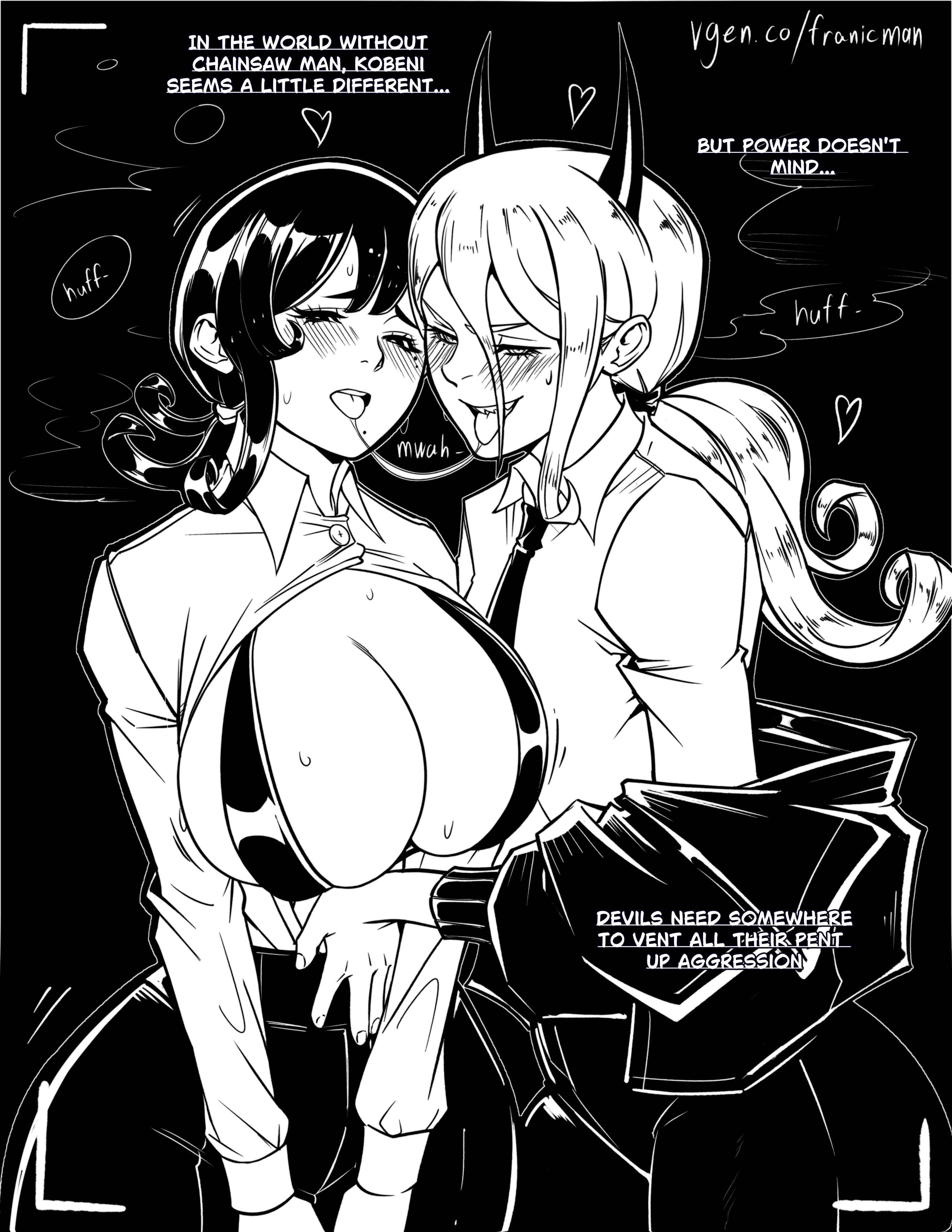 2girls, alternate breast size, big breasts, chainsaw man, female, female human, female only, female/female, franicman, higashiyama kobeni, power (chainsaw man), tagme, yuri