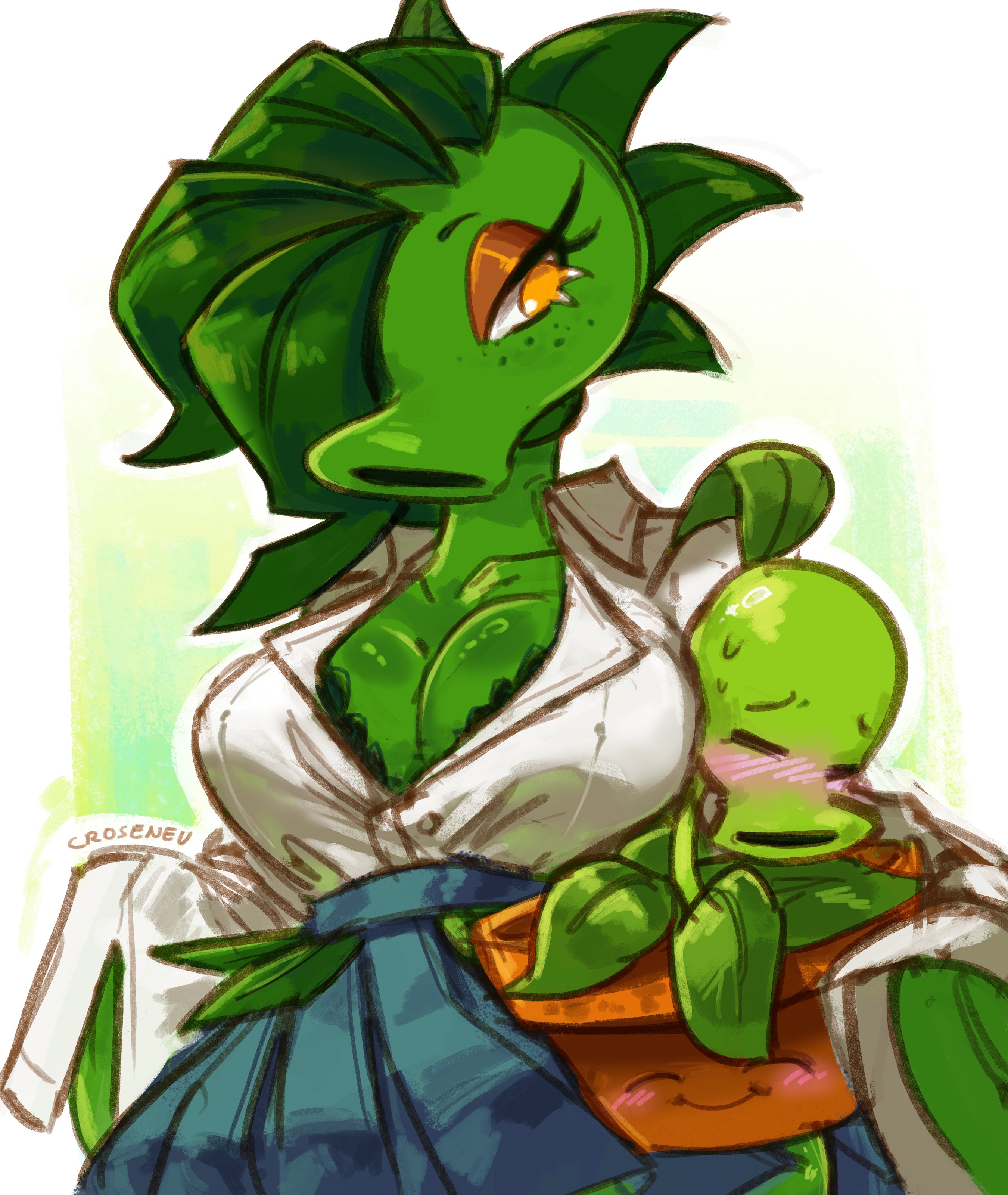 1girls, anthro, anthro character, breasts, cleavage, croseneu, electronic arts, female, flora fauna, flower-pot (pvz), freckles, larger female, original character, peablaze (leafpaw), peashooter (pvz), plant girl, plant humanoid, plantie, plants vs zombies, popcap, popcap games, pvz, smaller male, sweat, video game, video game character