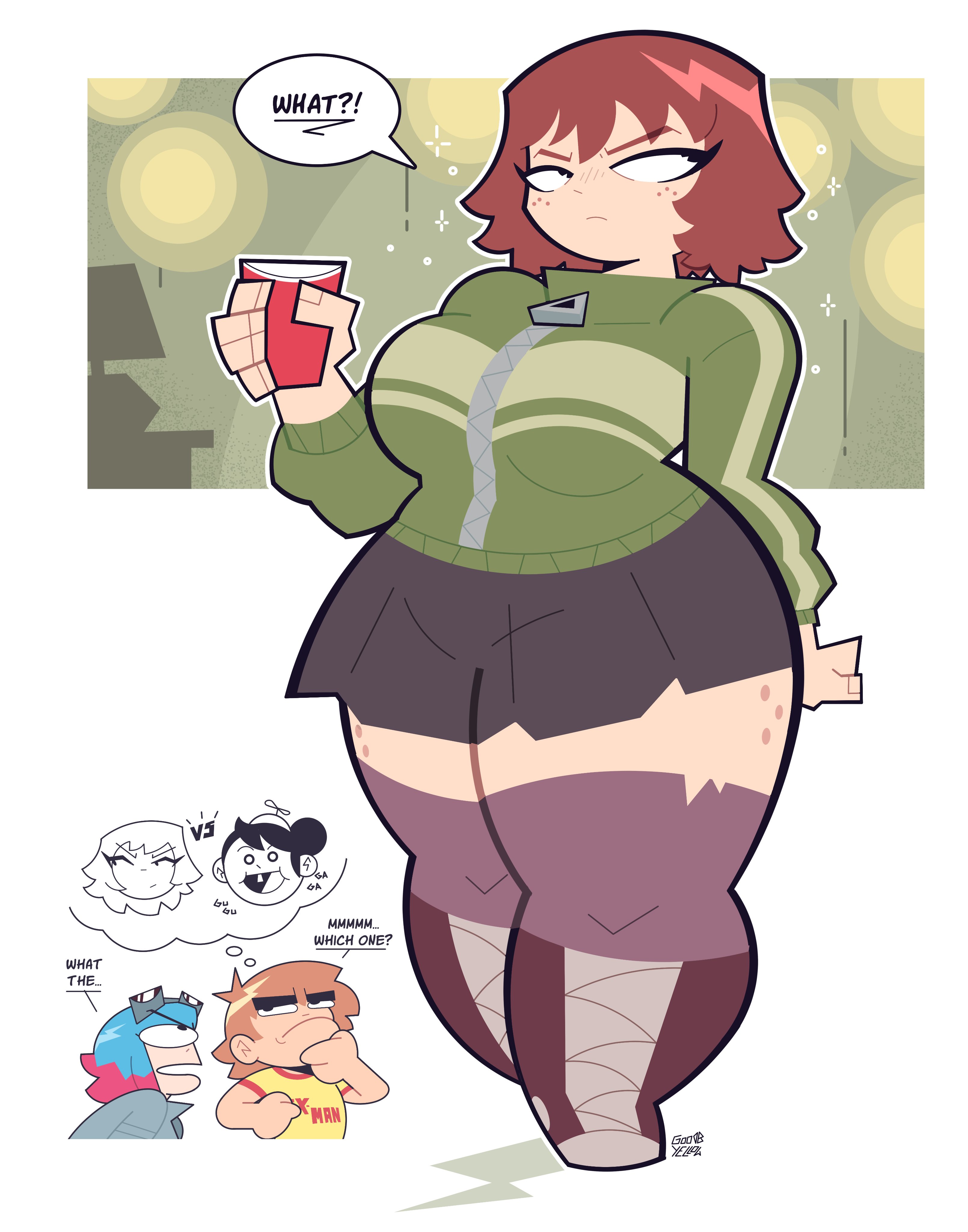 1girls, annoyed, auburn hair, background, barely fits, big ass, big breasts, breasts, clothing, dialogue, female, freckles, funny, goodbyellow, huge ass, huge breasts, huge thighs, human, kim pine, light skin, light-skinned female, ramona flowers, scott pilgrim, scott w pilgrim, short hair, skirt, solo, solo female, thick thighs, thighhighs, thought bubble, tight clothing, tight fit, voluptuous, voluptuous female, wide hips, wide thighs