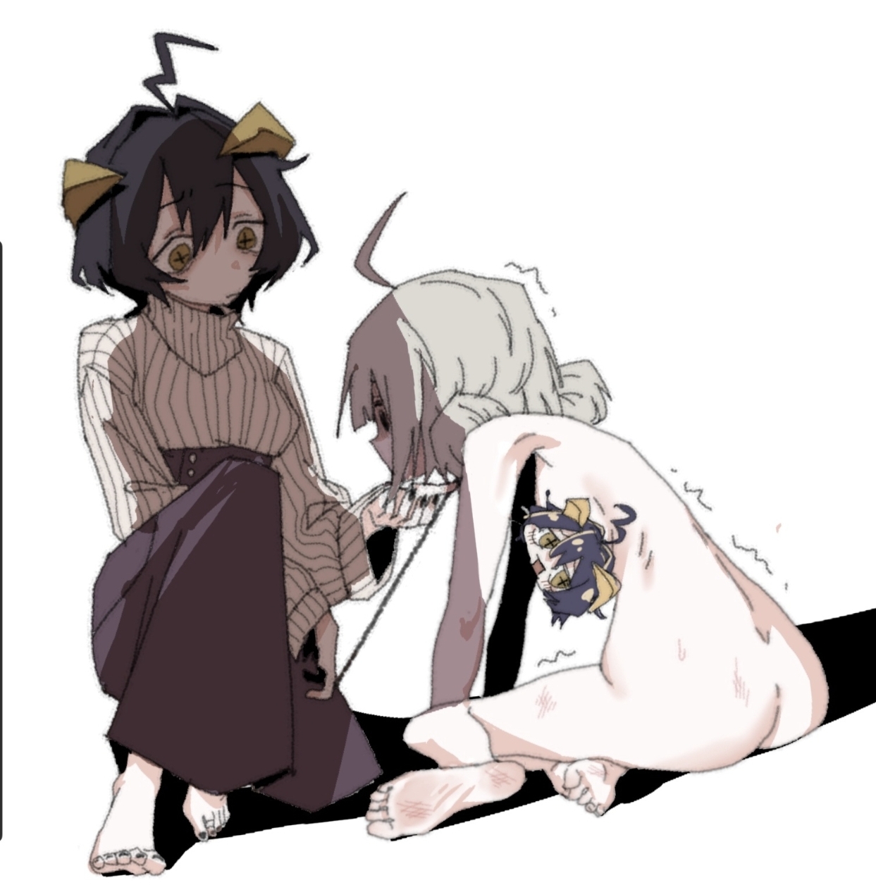2girls, araga kiwi, ass, clothed female nude female, hand on chin, hiiragi utena, mahou shoujo ni akogarete, nude