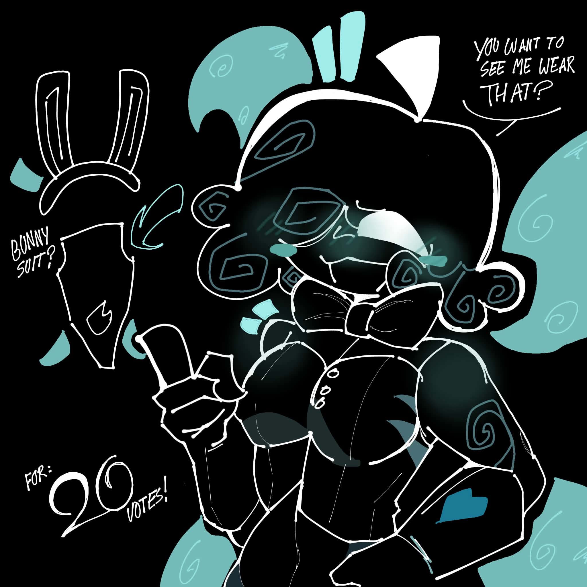 bunny ears, bunnysuit, clothed, dialogue, female, laugh, love maniac, nebby (lovemaniac), requesting, short hair, smile, smiling at viewer, text, undertale, undertale (series), undertale au