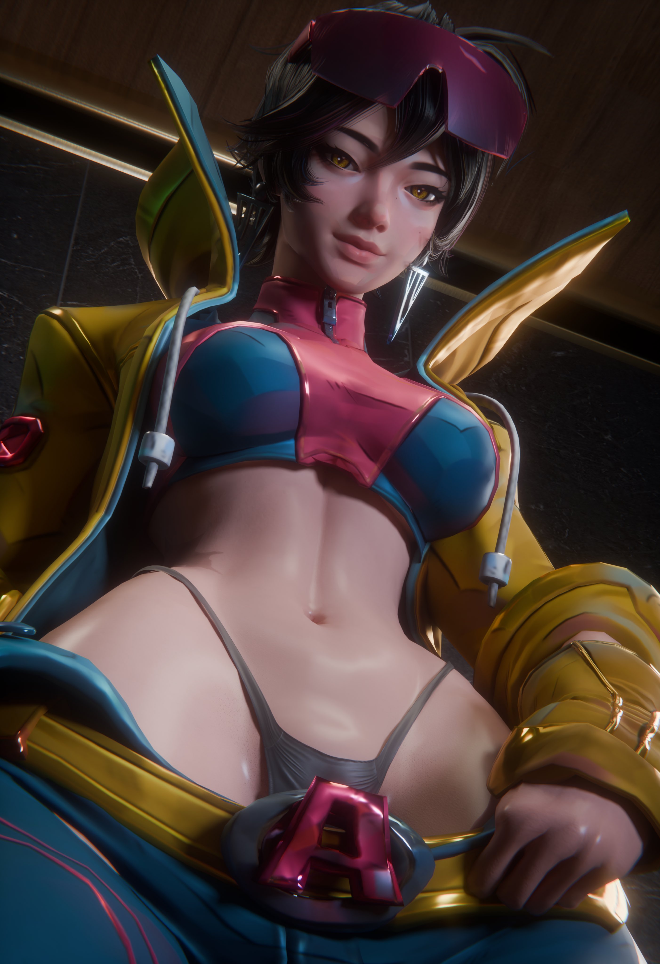 1girls, 3d, 3d (artwork), abdomen, abs, asian, asian female, big breasts, black hair, black thong, blue clothing, breasts, chinese female, clothed, clothing, curvaceous, curvy, curvy body, curvy female, curvy figure, curvy hips, earrings, eyewear, eyewear on head, female torso, fully clothed, hips, jubilation lee, jubilee, jubilee (marvel rivals), light skin, light-skinned female, lipstick, looking at viewer, marvel, marvel comics, marvel rivals, mutant (marvel), navel, pale skin, pale-skinned female, pants down, pink clothing, pink eyewear, scar on stomach, shiny skin, short hair, solo, solo female, stomach, thighs, thong, tomboy, wide hips, x-men, yellow jacket