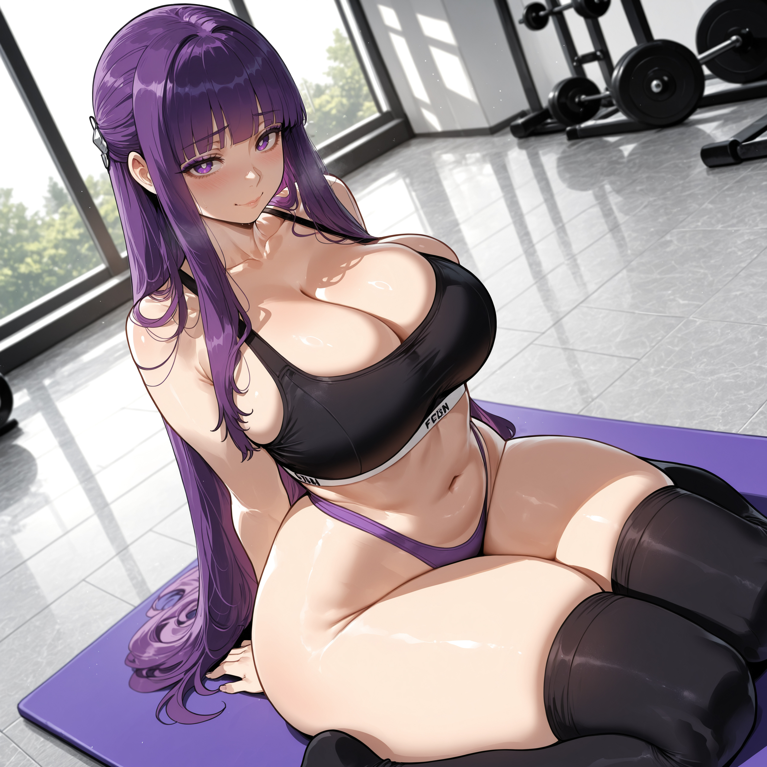 1girl, 1girls, ai assisted, ai generated, bangs, bare shoulders, black footwear, black legwear, blunt bangs, blush, boots, breasts, cleavage, closed mouth, collarbone, curvaceous, curvy, curvy female, curvy figure, eyebrows visible through hair, female, female only, fern (sousou no frieren), large breasts, long hair, looking at viewer, miyuai, navel, purple eyes, purple hair, sidelocks, sitting, smile, solo, sousou no frieren, thick, thick ass, thick butt, thick hips, thick legs, thick thighs, thighhighs, thighs, underwear, voluptuous, voluptuous female, wide hips, wide thighs, window