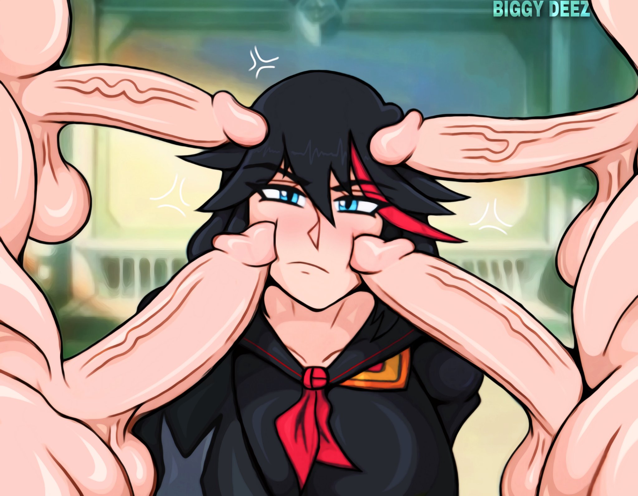 1female, 1females, 1girl, 1girls, 4 penises, 4boys, asian, asian female, big penis, biggy deez, black hair, black hair female, blue eyes, blue eyes female, clothed, clothed female, clothes, clothing, female, girl, japanese, japanese female, kill la kill, light skin, light-skinned female, light-skinned male, male, matoi ryuuko, meme, multiple boys, multiple cocks, multiple males, multiple penises, nude, nude male, penis, penis on face, red streak, redline surrounded by guns (meme), short hair, short hair female, spine (game), surrounded by penises, tagme, twitter link, unseen face, unseen male face, vein, veins, veiny, veiny penis