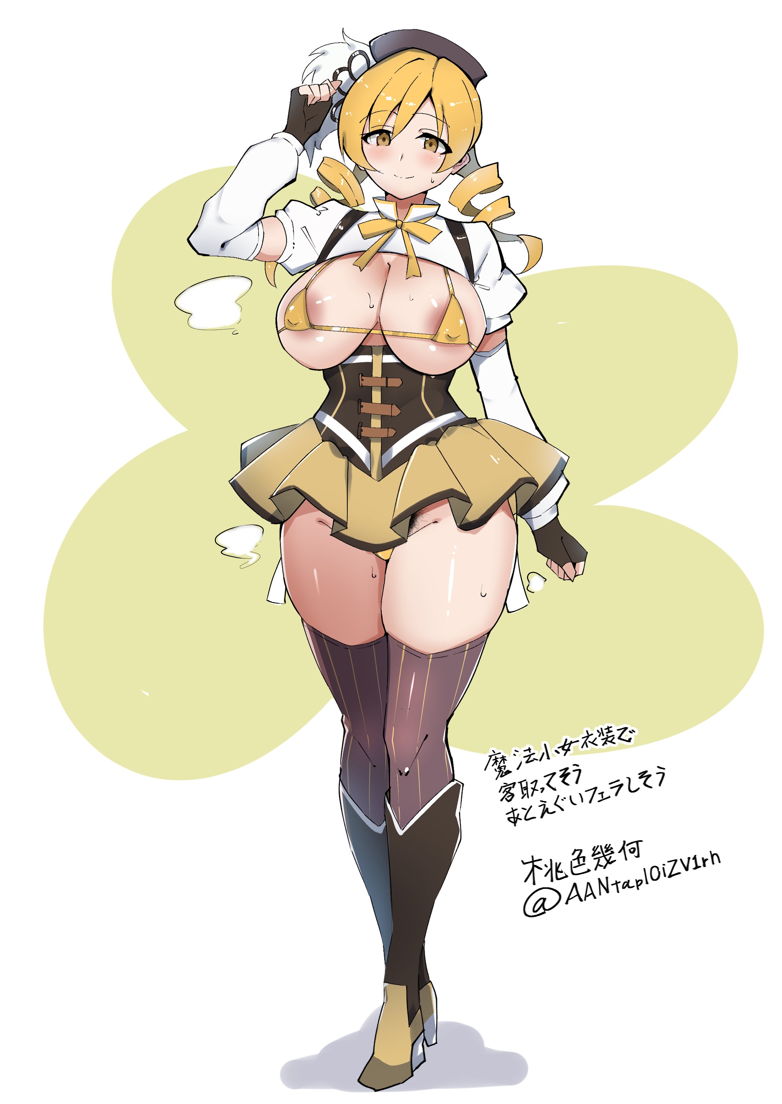 1girls, aantapl0izzv1rh, blonde hair, boots, bow tie, breastless clothes, corset, detached sleeves, drill hair, feathered hat, fingerless gloves, gloves, hat, large breasts, microskirt, miniskirt, panties, panties visible under skirt, puella magi madoka magica, revealing clothes, shiny skin, solo, standing, stockings, sweat, tareme, technically clothed, thick thighs, tomoe mami, twin drills, twindrills, voluptuous, yellow bikini top, yellow skirt