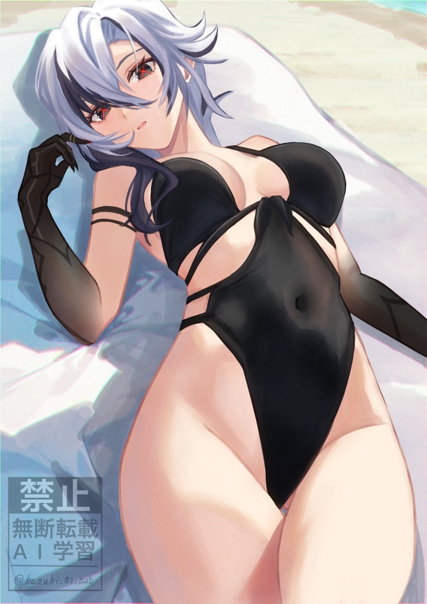 arlecchino (genshin impact), beach, belly button, breasts, curves, genshin impact, legs, sand, swimsuit