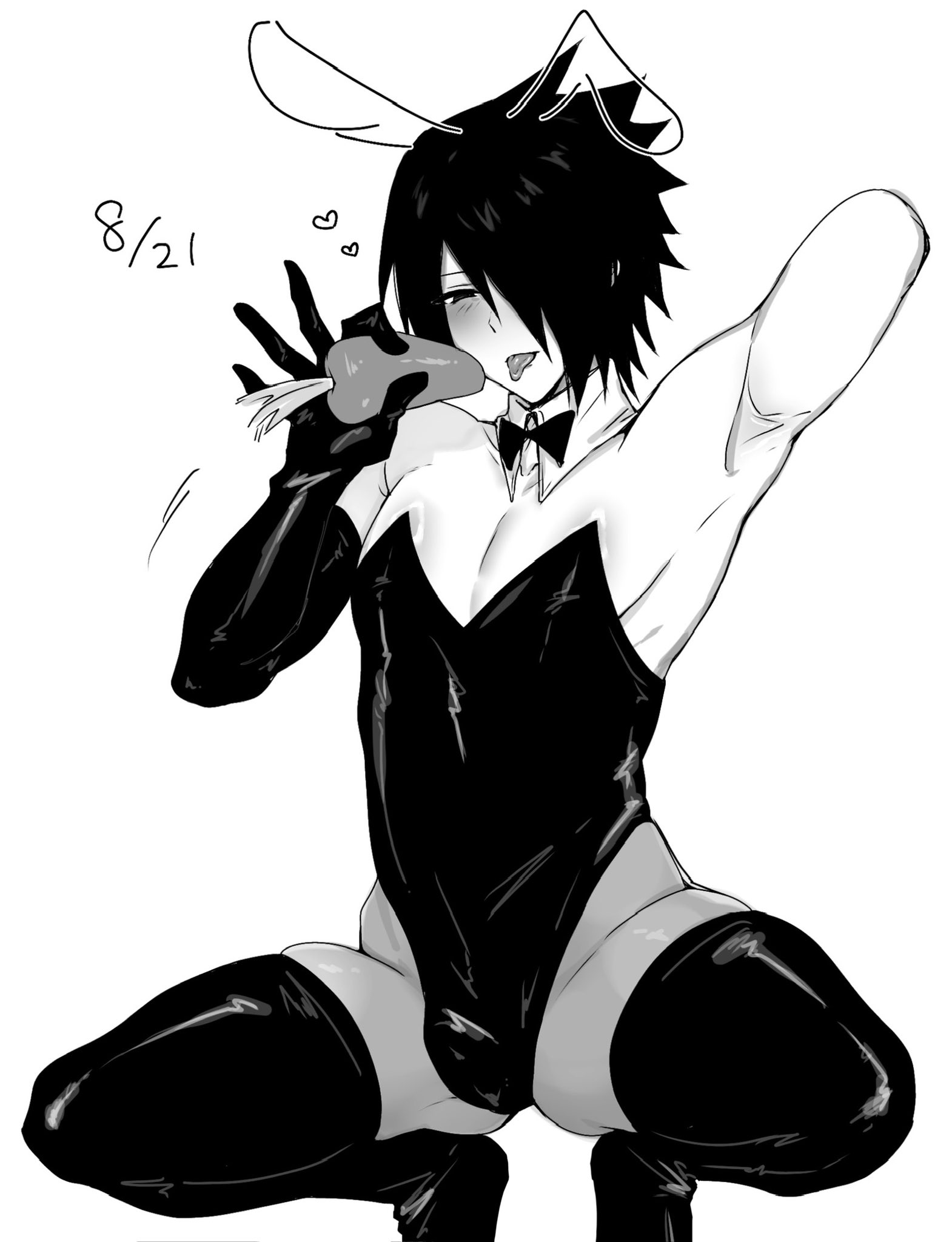 1boy, 1femboy, absurd res, absurd resolution, absurdres, amputated arm, amputee, androgynous, armpit crease, armpit fetish, armpits, armwear, bedroom eyes, bimbo, black eyes, black hair, blowjob gesture, blush, boots, boruto: naruto next generations, bowtie, bulge, bulge through clothing, bulge under clothes, bunny boy, bunny costume, bunny ears, bunnysuit, carrot, collar, crossdressing, dress, femboy, femboy focus, femboy only, femboysub, feminine male, feminization, gay, girly, hair over one eye, heart, heart symbol, hearts around head, hi res, high resolution, highres, latex, latex clothing, latex gloves, latex legwear, latex suit, latex thighhighs, legwear, mature femboy, narrowed eyes, naruto, naruto (series), naruto shippuden, naruto: the last, naughty face, nose blush, pantyhose, petplay, sasuke uchiha, seductive, seductive eyes, seductive look, seductive pose, shonen jump, short dress, shounen jump, shueisha, sissy, skimpy, skimpy clothes, skimpy dress, solo, solo femboy, solo focus, solo male, spiky hair, squatting, thick legs, thick thighs, thigh boots, thighhighs, tiptoes, tomgirl, tongue, tongue out, trap, uchiha sasuke, usura7tonkachi, very high resolution, weekly shonen jump, weekly shonen magazine, weekly shounen jump, white background, yaoi