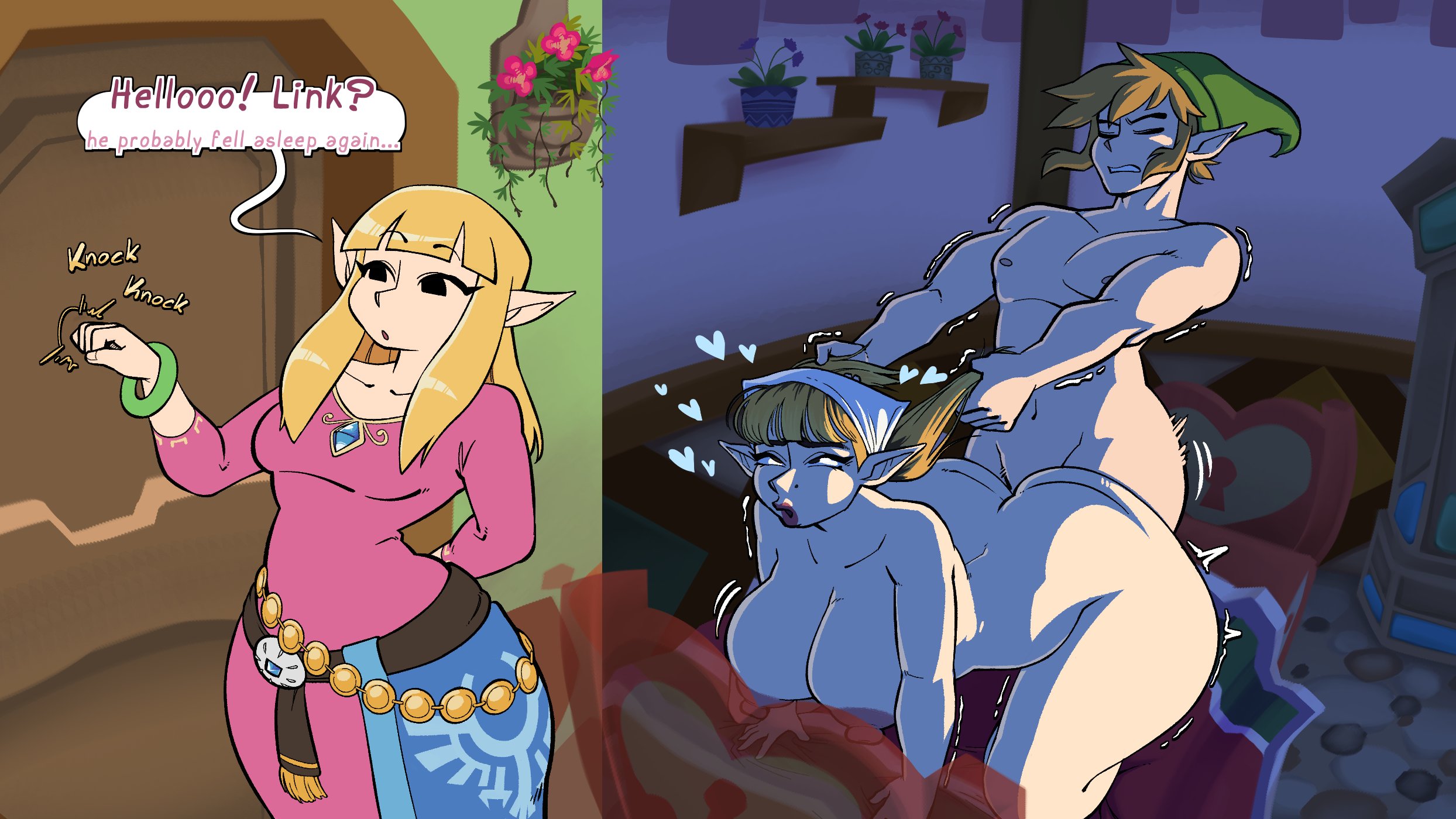 1boy, 2girls, a-gal, all fours, ass, blonde hair, bottom heavy, cuckquean, dialogue, doggy style, female, hair grab, hidden sex, link, link (skyward sword), male, mole, netorare, nintendo, nude, peatrice, pointy ears, princess zelda, rolling eyes, skyward sword, stealth sex, text, the legend of zelda, zelda (skyward sword)