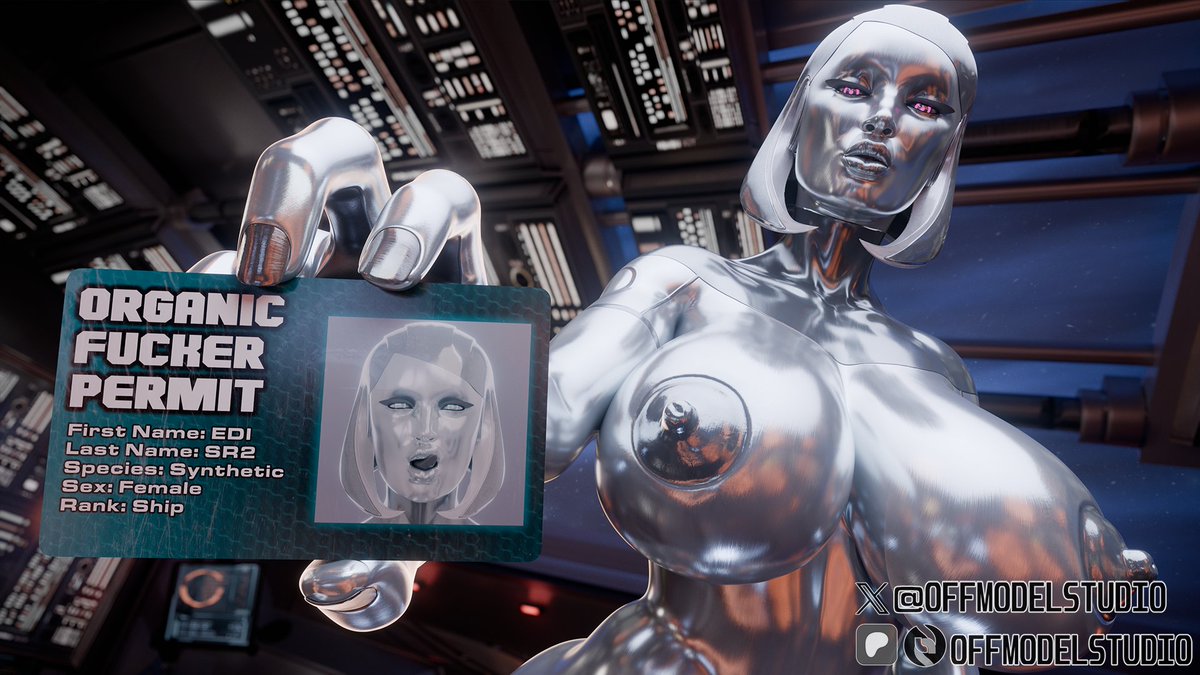 1girls, 3d, 3d (artwork), android, android girl, artist name, bioware, edi, edi (rigid3d), english text, female, female focus, female only, id card, mass effect, offmodelstudio, robot, robot girl, robot humanoid, robot joints, short hair, silver body, silver skin, watermark