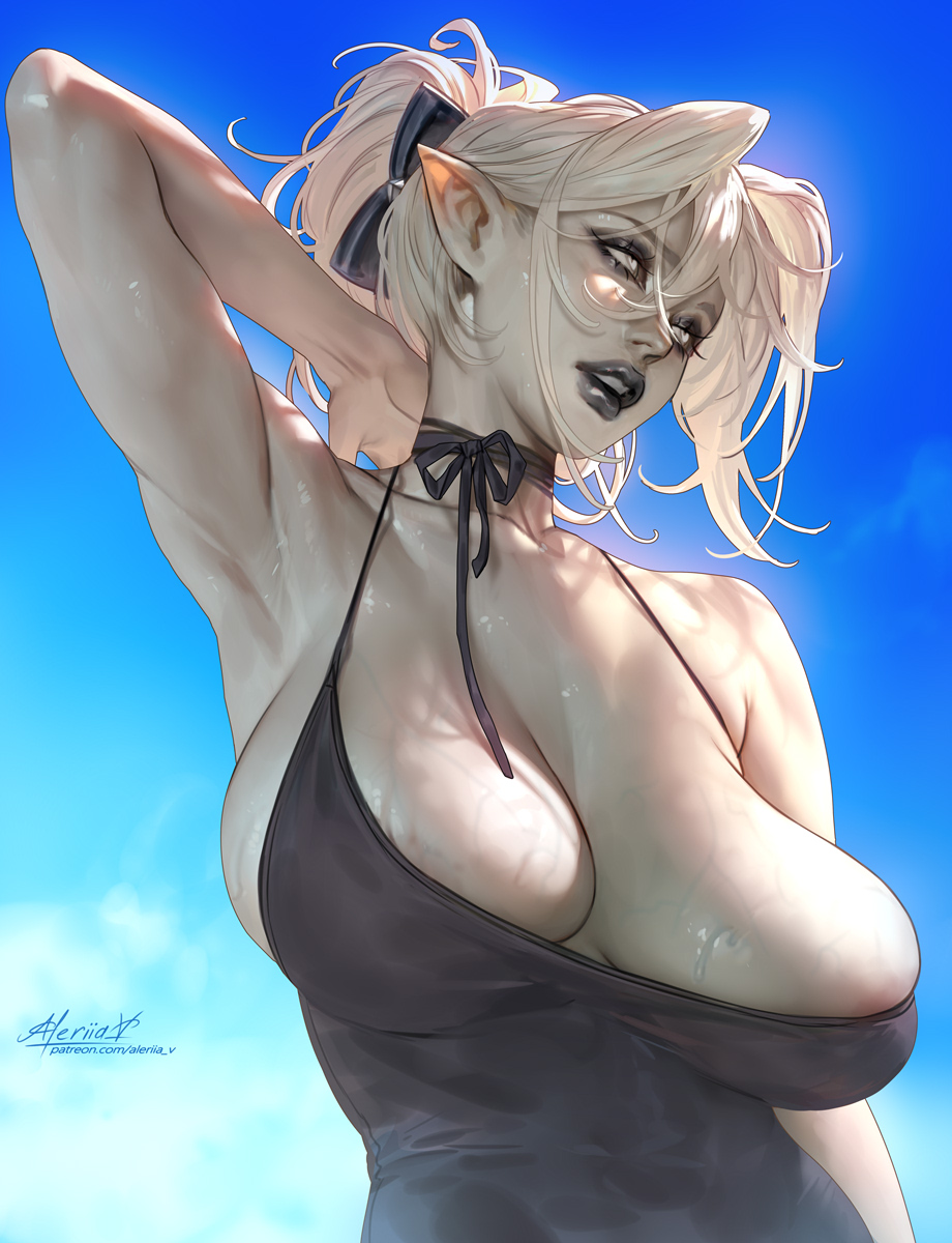 arkilia, armpits, black bow, black dress, black lips, black lipstick, black tank top, blue sky, blue sky background, bow in hair, dress, elf, elf female, eyeshadow, female, female only, large breasts, looking away from viewer, makeup, pale skin, pale skinned female, pale-skinned female, pointy ears, raised arm, shoulders, sunlight, sweat, sweaty, sweaty breasts, tank top, veins, veins on breasts, white hair, woman