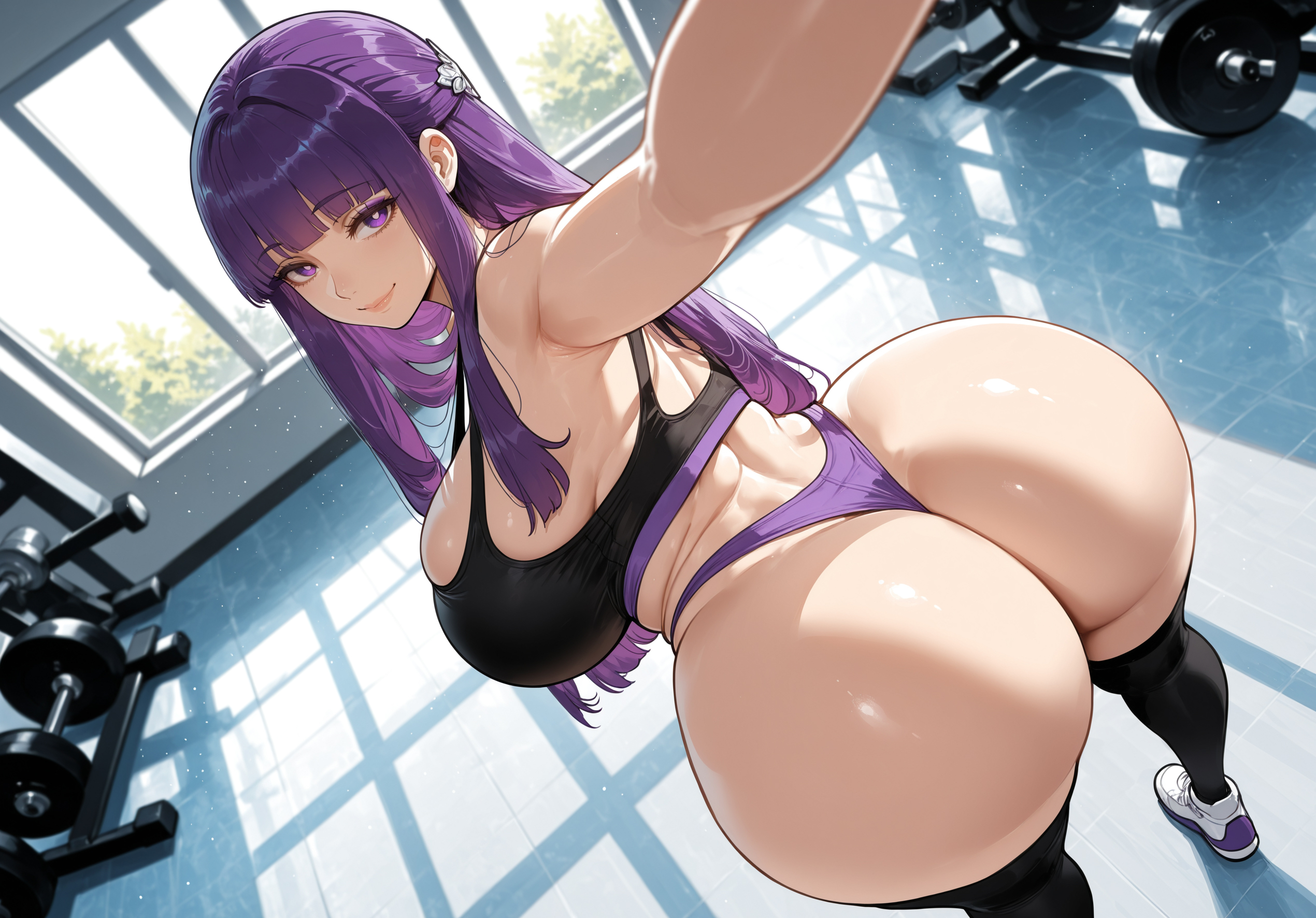 1girl, 1girls, ai assisted, ai generated, ass, ass focus, bangs, bare shoulders, big ass, big breasts, black legwear, breasts, curvaceous, curvy, curvy female, curvy figure, female, female only, fern (sousou no frieren), foreshortening, huge ass, huge breasts, indoors, large breasts, light-skinned female, long hair, looking at viewer, looking back, miyuai, one-piece swimsuit, pool, purple eyes, purple hair, purple swimsuit, smile, solo, sousou no frieren, swimsuit, thick, thick ass, thick butt, thick hips, thick legs, thick thighs, thighhighs, thighs, voluptuous, voluptuous female, wide hips, wide thighs, window
