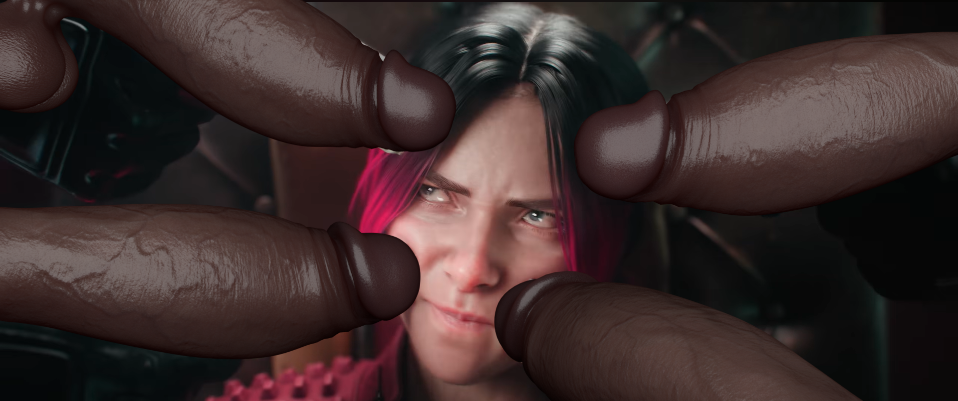 3d, 4 penises, aisloppytoppy, before sex, big penis, character request, dark-skinned male, edit, edited image, edited official artwork, edited screencap, huge cock, light-skinned female, meme, multiple penises, penis, penis on face, pressing against, redline surrounded by guns (meme), self upload, spine, spine (game), straight, surrounded by penises, thick penis