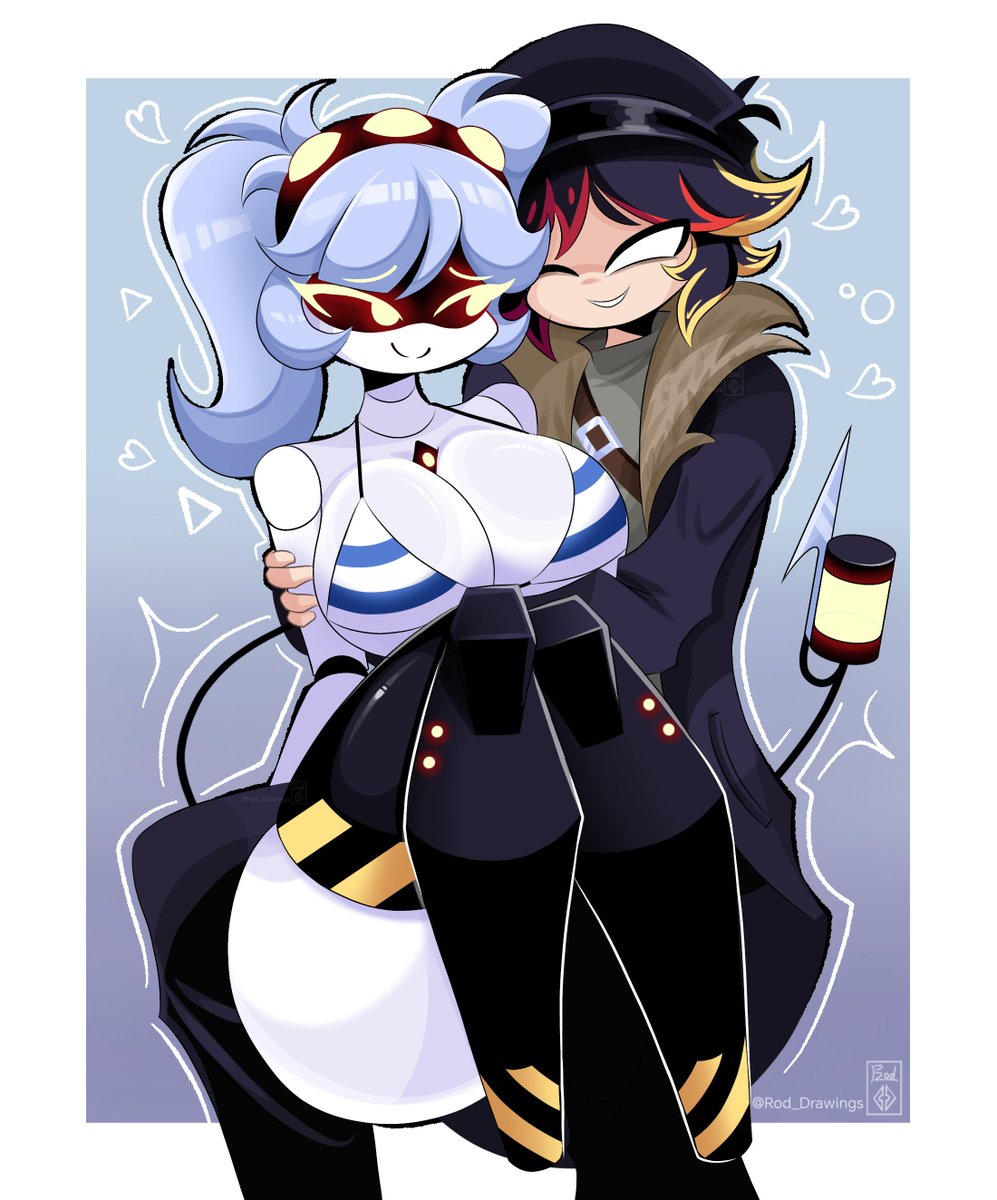 1boy, 1girls, 1girls1boy, big thighs, blue background, boobs, breasts, carrying, carrying partner, grey hair, j (murder drones), latamcito (latam), male/female, murder drones, murder drones x humans, oc, robot, robot girl, robot humanoid, tail, the rod26, thick thighs, thighs, white eyes, yellow eyes