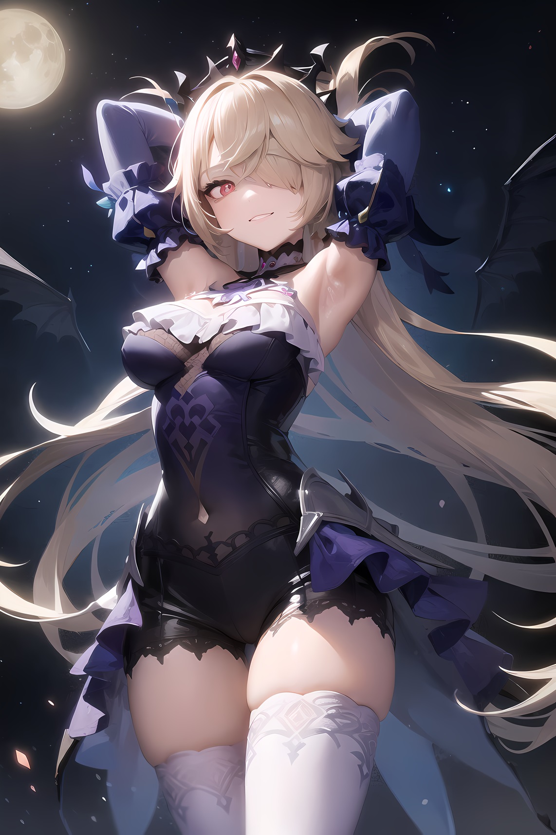 ai generated, alternate costume, armpits, arms behind head, arms up, bare shoulders, bat wings, blonde hair, breasts, crown, detached sleeves, detached wings, female, fischl (ein immernachtstraum) (genshin impact), fischl (genshin impact), frilled dress, frilled sleeves, frills, full moon, genshin impact, hair over one eye, hi res, light skin, light-skinned female, long hair, looking at viewer, medium breasts, moonlight, night, night sky, official alternate costume, pale skin, pale-skinned female, princess, purple dress, red eyes, shiny clothes, shiny hair, shiny skin, skindentation, smile, smirk, thick thighs, thigh gap, thighhighs, thighs, tiara, white thighhighs