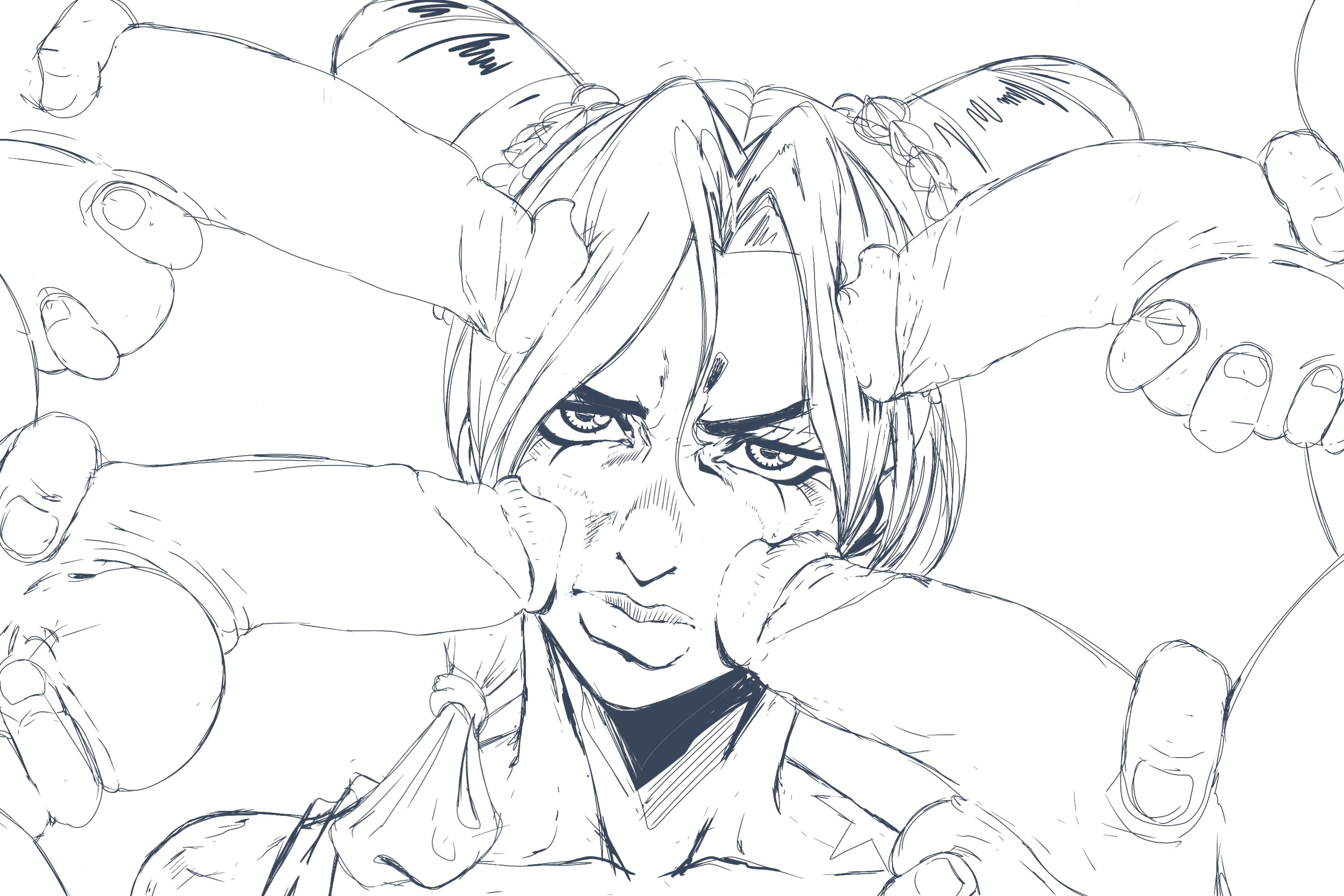 1girls, 4 penises, 4boys, big penis, hair buns, jojo's bizarre adventure, jolyne kujo, king nothing (new artist1), looking at viewer, meme, multiple boys, multiple penises, new epic artist, penis out, penis pressed against face, redline surrounded by guns (meme), sketch, spine, spine (game), stone ocean, surrounded by penises, tagme, wip