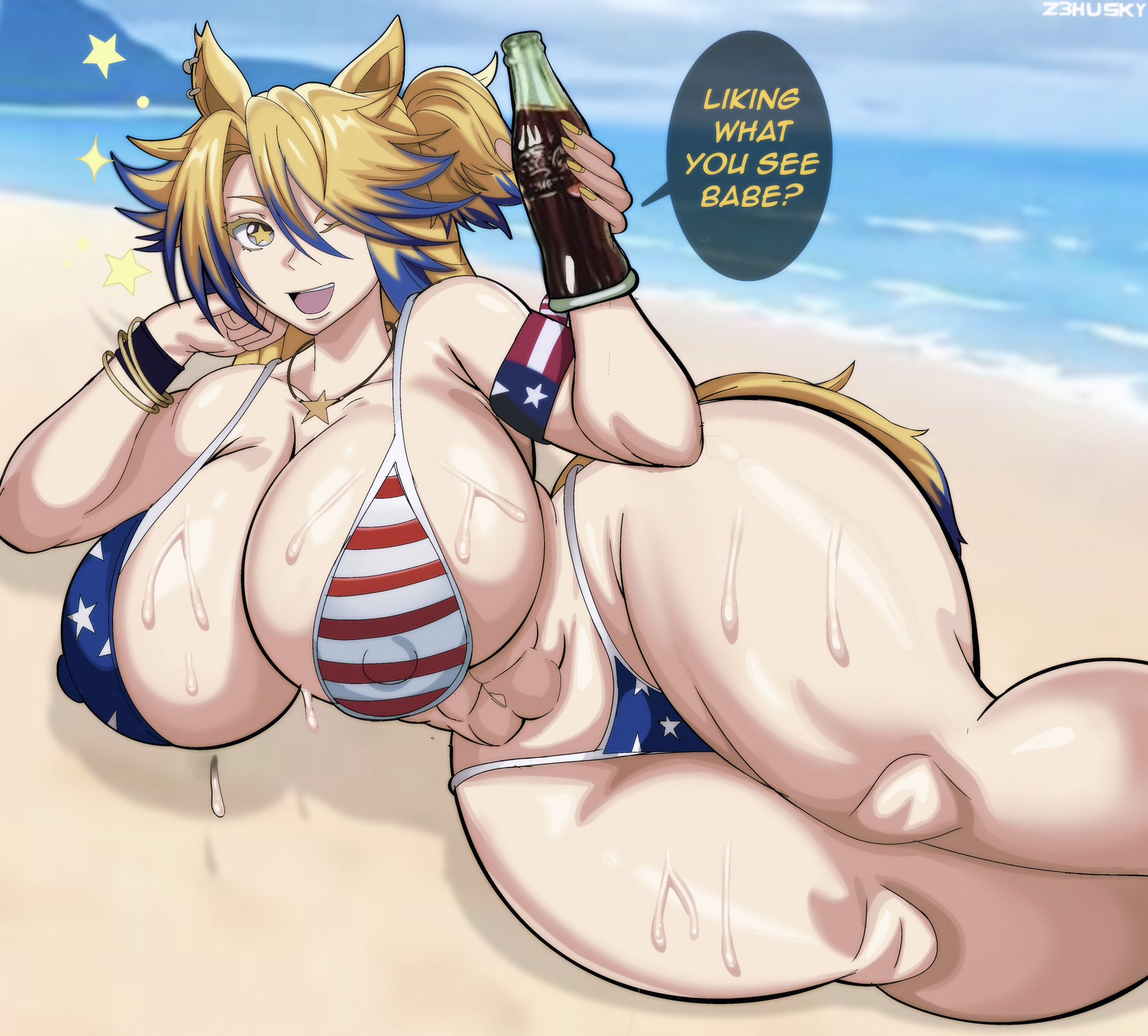 1girls, abs, american flag bikini, animal ears, beach, big breasts, bikini, bottle, breasts, busty, dialogue, female, female only, huge breasts, large breasts, looking at viewer, lying, lying on side, nipple bulge, obey your master (umamusume), outdoors, soda, soda bottle, solo, sweat, sweatdrop, sweaty body, sweaty breasts, swimsuit, tail, talking to viewer, text, thick thighs, thunder thighs, two tone tail, two-tone hair, umamusume, wide hips, z3husky