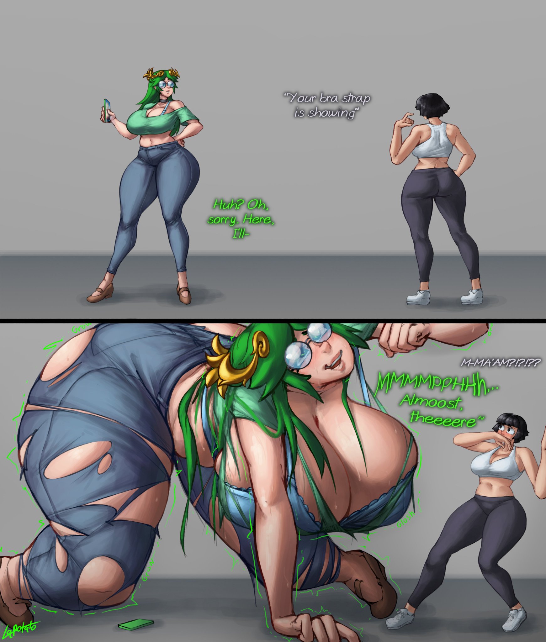 bra, breast expansion, giantess, giantess growth, growth, growth sequence, lapotato prime, lapotato8, palutena, ripped clothing, ripped pants, smaller female, wearing glasses