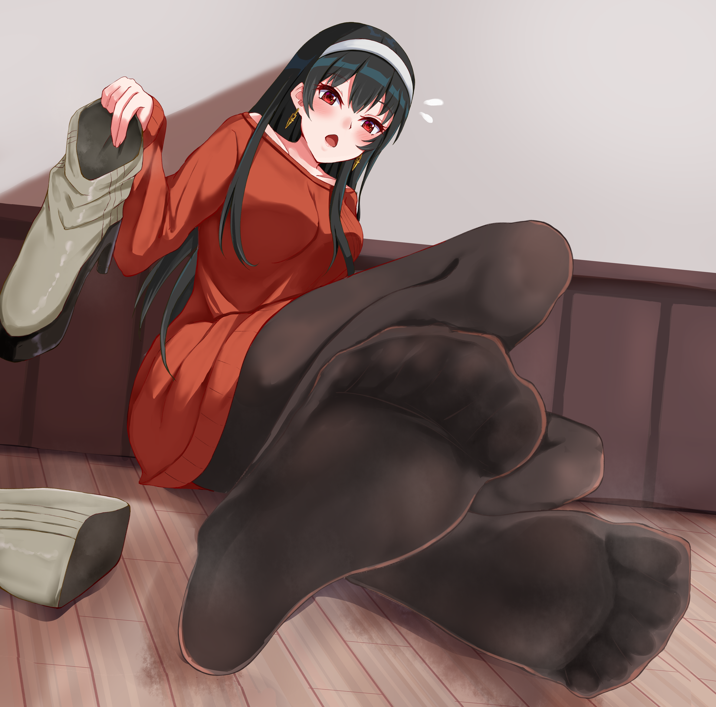 1girl, black hair, blush, boots, feet, foot focus, hairband, highres, iberiko (soinesitai), long hair, looking at viewer, open mouth, pantyhose, red eyes, shoes, smell, soles, spy x family, steam, sweat, sweaty feet, sweaty socks, toes, unworn boots, unworn shoes, yor briar