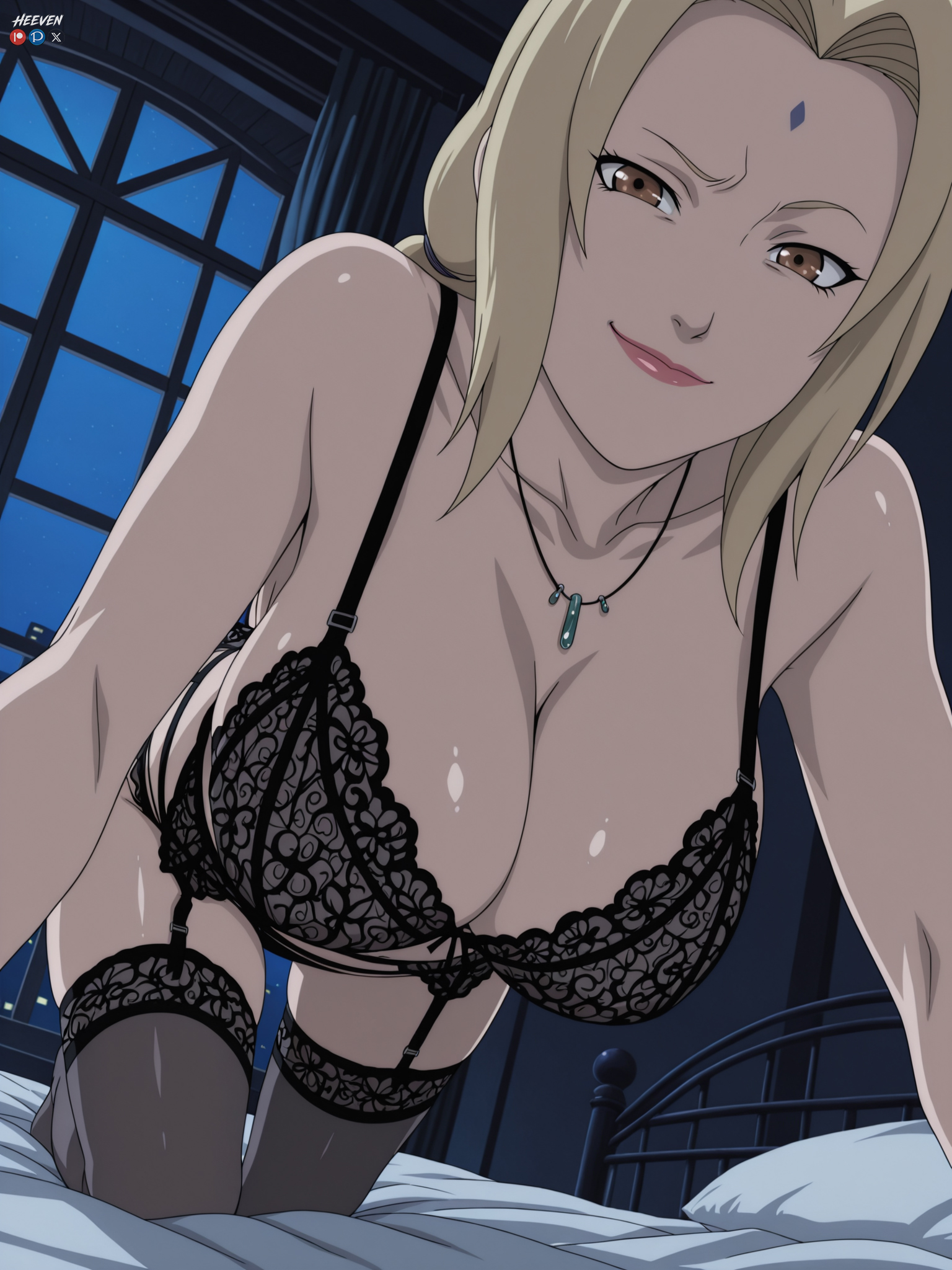 1boy, 1girl, absurdres, adult, ai assisted, ai generated, all fours, bed, bedroom, big breasts, black bra, black panties, black thighhighs, blonde hair, bra, breasts, brown eyes, cleavage, collarbone, facial mark, female, forehead mark, garter belt, garter straps, heeven, highres, indoors, jewelry, lace, lace trim, large breasts, lingerie, long hair, looking at viewer, male, mature, mature female, naruto (classic), naruto (series), naruto shippuden, necklace, night, night sky, on bed, panties, patreon, patreon username, perfect body, questionable, sensitive, shiny skin, sky, smile, solo, thighhighs, tsunade, tsunade (naruto), tsunade senju, uncensored, underwear, underwear only, window