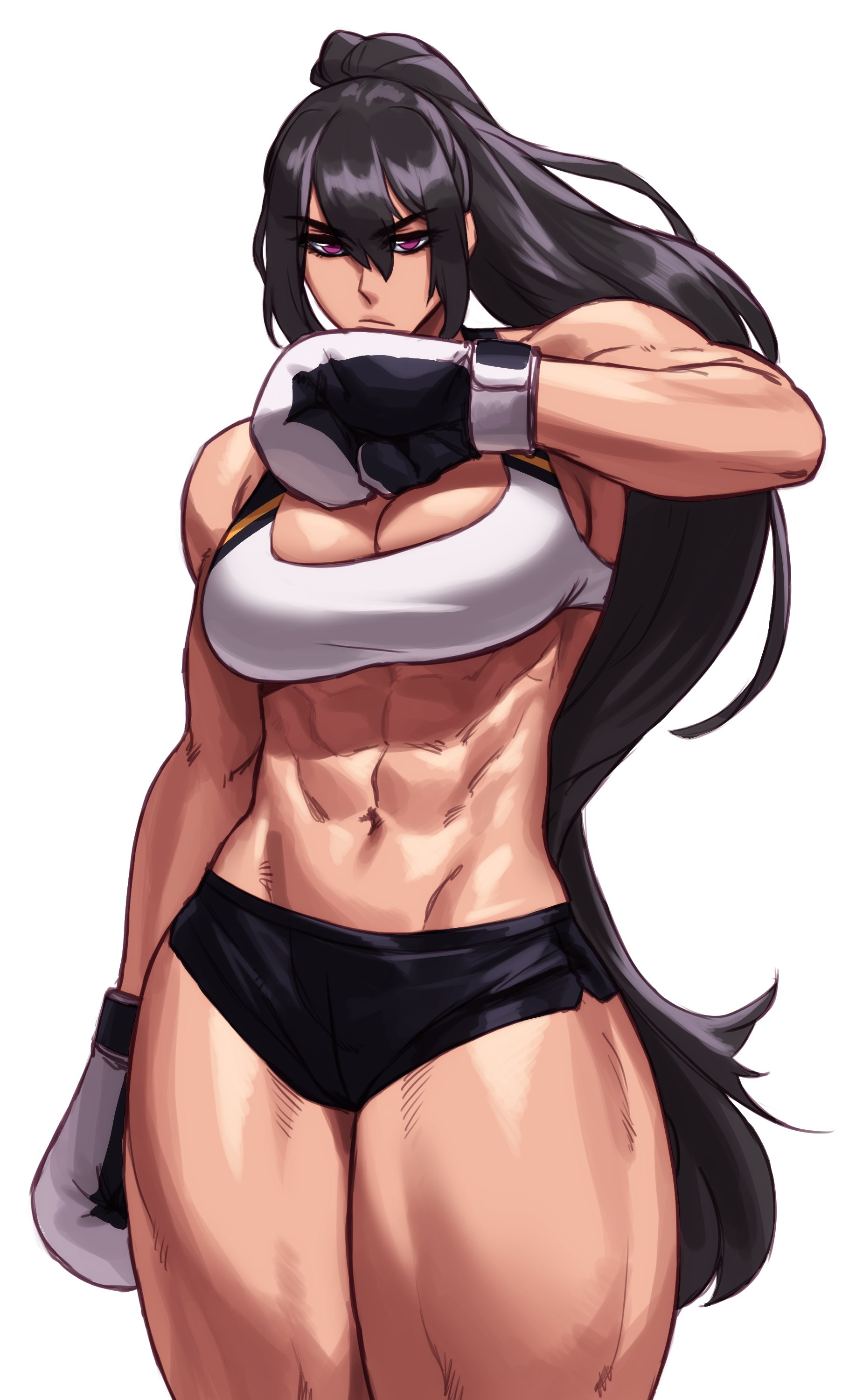 1girls, abs, absurd res, black hair, boxing gloves, breasts, cleavage, cleavage cutout, commission, cowboy shot, female, hair between eyes, hi res, large breasts, long hair, looking at viewer, muscular, muscular female, navel, original, ponytail, purple eyes, shorts, simple background, solo, sotcho, sports bra, thick thighs, very long hair, white background