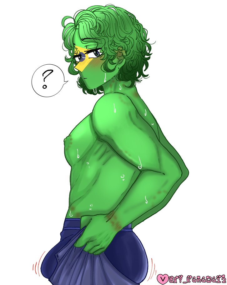 1boy ? boxer_briefs brazil_(countryhumans) countryhumans dark_blue_eyes eyebrows_visible_through_hair green_hair green_skin grey_body looking_at_viewer male male_only markings pants pants_down short_hair simple_background sweat tight_pants_(meme) vkunuwu12 white_background