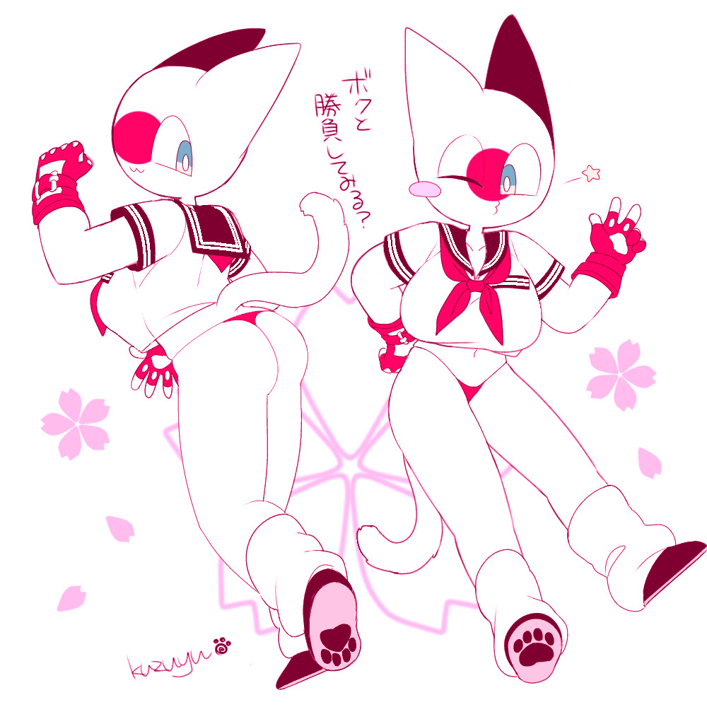 1girls anthro ass ass_visible_through_thighs big_breasts boobs cat_ears cat_tail chibi clothing countryhumans countryhumans_girl female female_only flower flower_background japan_(countryhumans) japanese_text kuzuyu_(artist) school_uniform socks star text translated underwear uniform white_background white_body white_skin