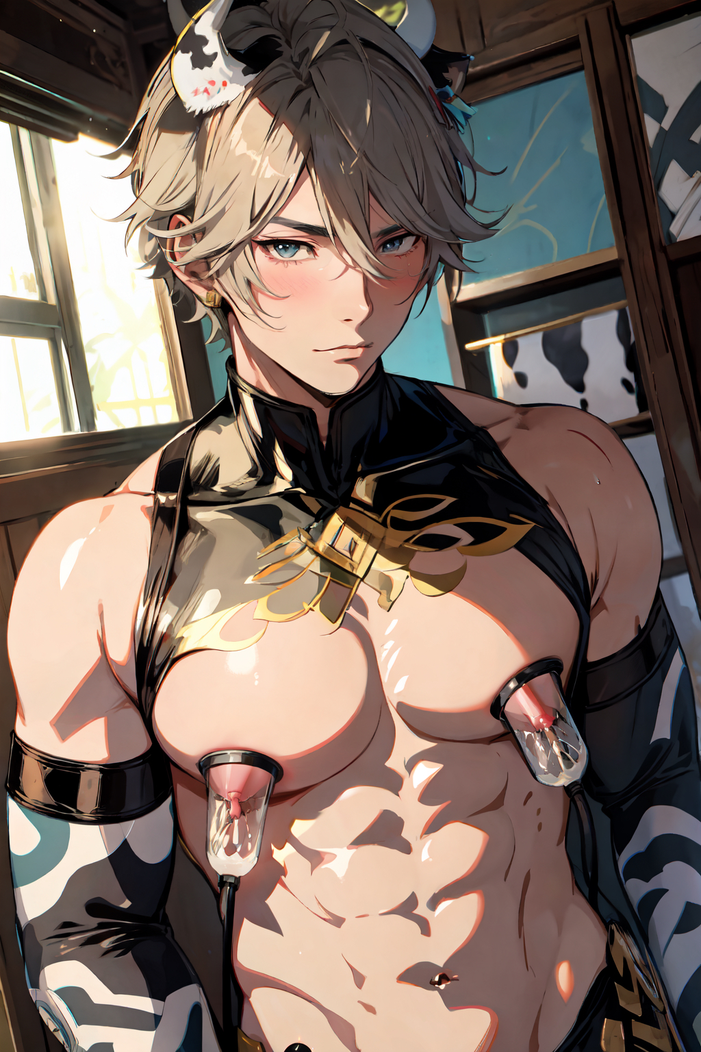 1boy, ai generated, alhaitham (genshin impact), blush, blushing at viewer, blushing male, breasts, erect nipples, gay, genshin impact, horns, lactation, male, male breasts, male lactation, male only, male with breasts, milking, milking machine, moc (artist), nipples, yaoi
