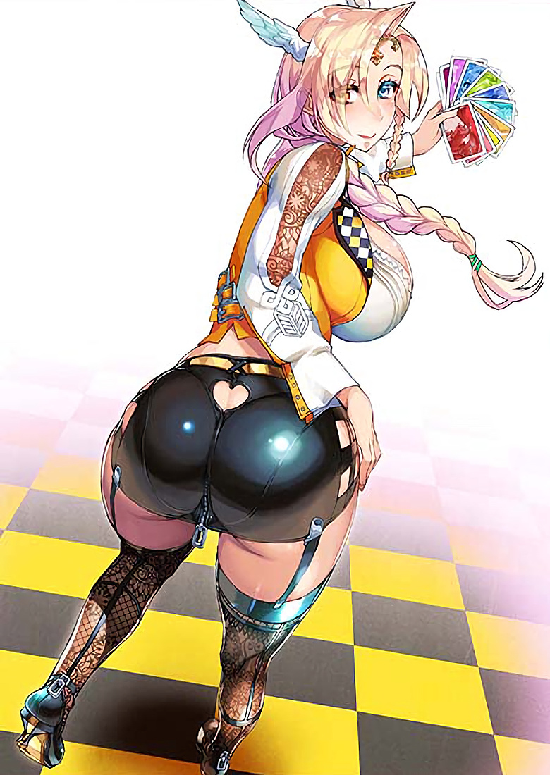 angel_girl ass ass_cutout blonde_hair blue_eyes braid butt_crack card circlet clothing_cutout curvaceous curvy damnedrive from_behind head_wings heart_cutout heterochromia high_heels huge_ass huge_breasts large_breasts long_hair looking_at_viewer mature_female miniskirt nanatsu_no_bitoku nishii_(nitroplus) official_art playing_card sariel_(nanatsu_no_bitoku) sariel_(the_seven_heavenly_virtues) sideboob single_braid skindentation skirt smile solo_female the_seven_heavenly_virtues thick thick_ass thick_thighs thighhighs thighs wide_hips wings yellow_eyes zipper