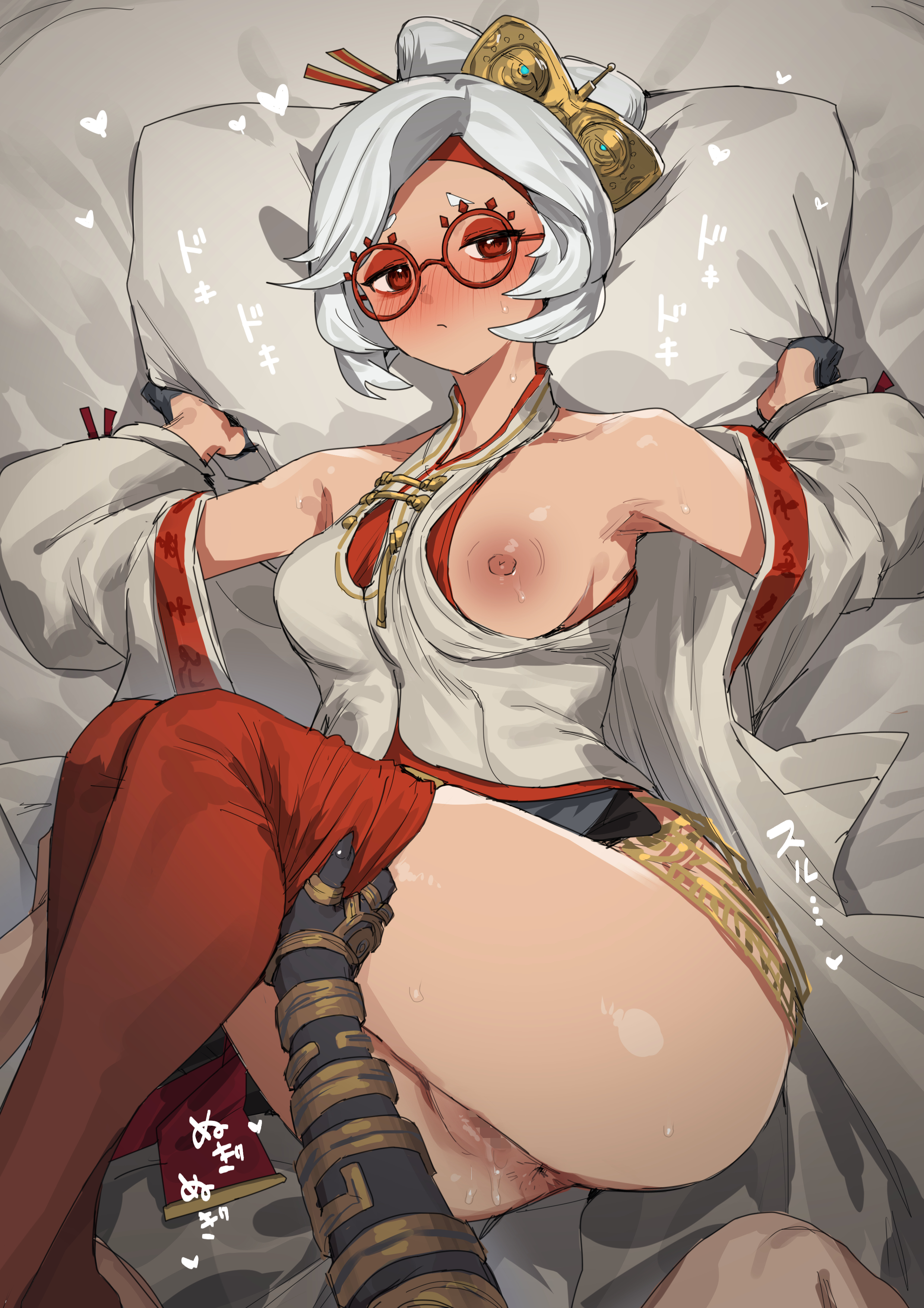 1boy, 1girls, armpits, ass, breasts, censored, couple, embarrassed, exposed breasts, female, glasses, grabbing pillow, hearts around head, ie (raarami), laying down, laying on bed, legs together, link, link (tears of the kingdom), male, nipples, on back, one breast out, pov, pulling down pants, purah, purah (tears of the kingdom), pussy, short hair, tagme, tears of the kingdom, the legend of zelda, undressing another, wet pussy, white hair