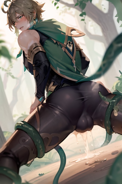 1boy, ai generated, alhaitham (genshin impact), ass, ass focus, balls, balls bulge, big balls, blush, blushing male, bulge, bulge through clothing, cum, fluids, gay, genshin impact, male, male only, muscular, muscular male, penis, yaoi