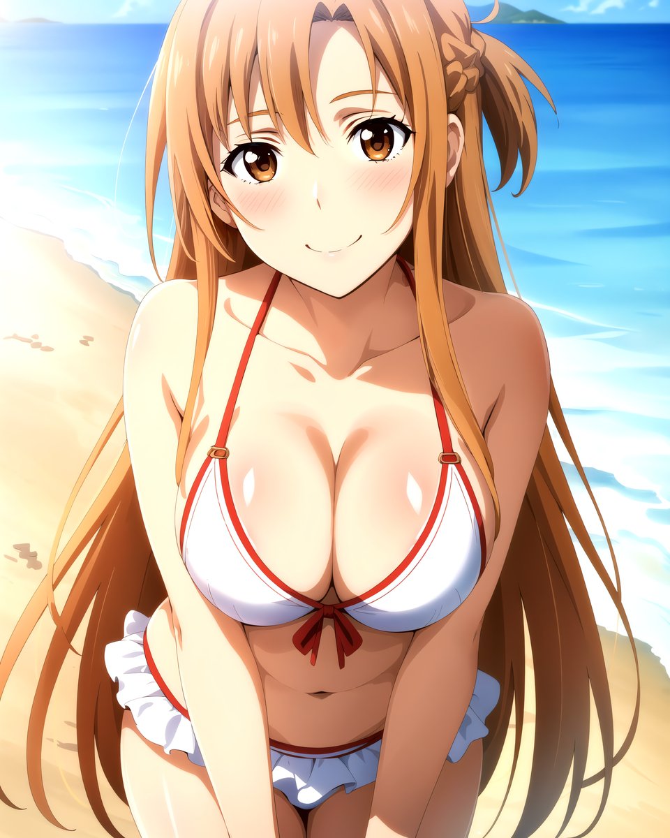 1girls, ai generated, beach, big breasts, bikini, breasts, brown eyes, brown hair, busty, cleavage, female, female only, hi res, large breasts, leaning forward, legs, long hair, navel, ocean, smile, solo, sword art online, thighs, water, yuuki asuna