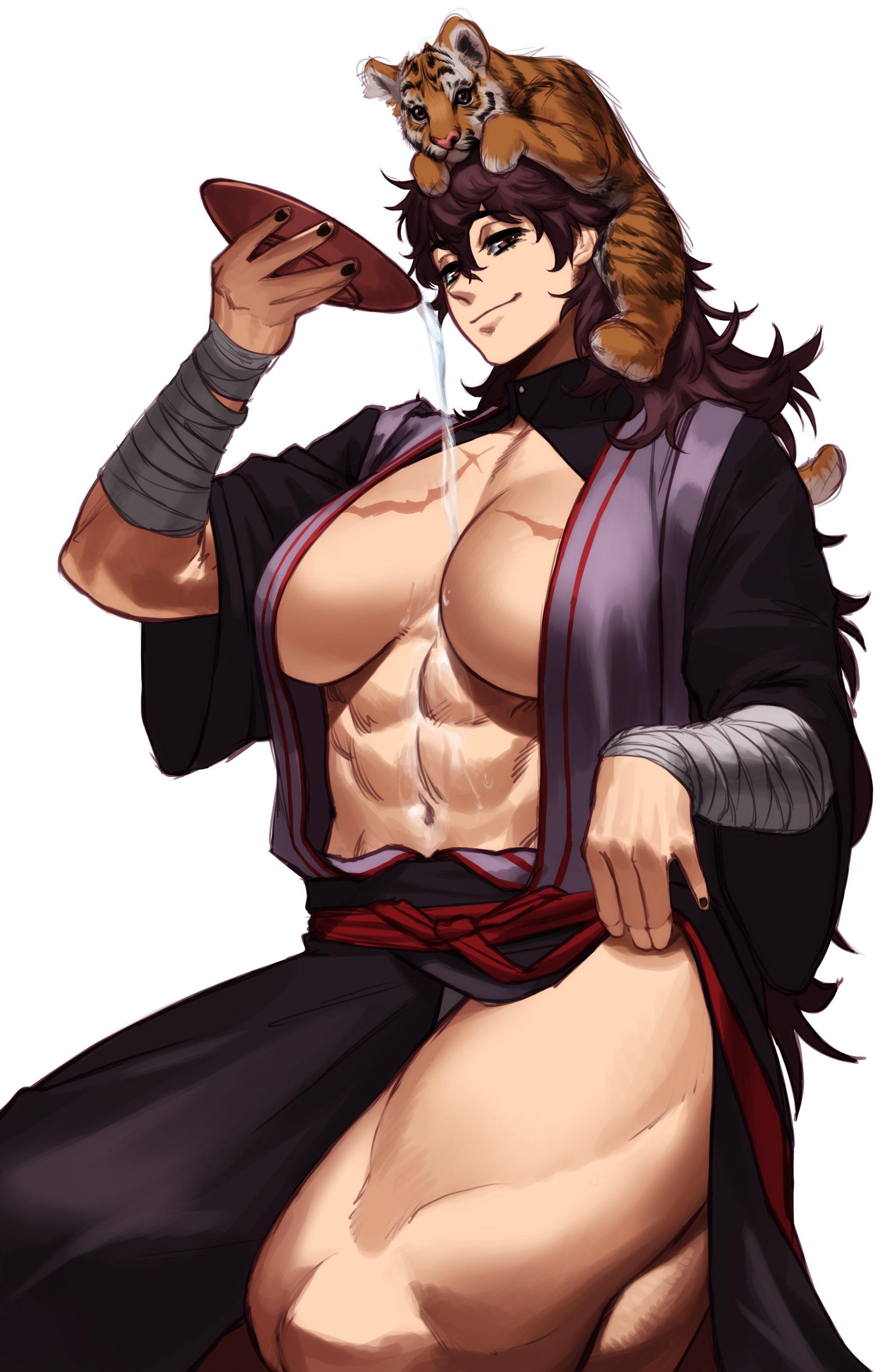 1girls, abs, absurd res, animal, bandage, black nails, breasts, cheonak (mutageniccrow), cleavage, commission, female, hi res, large breasts, looking at viewer, muscular, muscular female, nail polish, navel, original, pouring, purple eyes, purple hair, scar, simple background, sotcho, thick thighs, tiger, white background