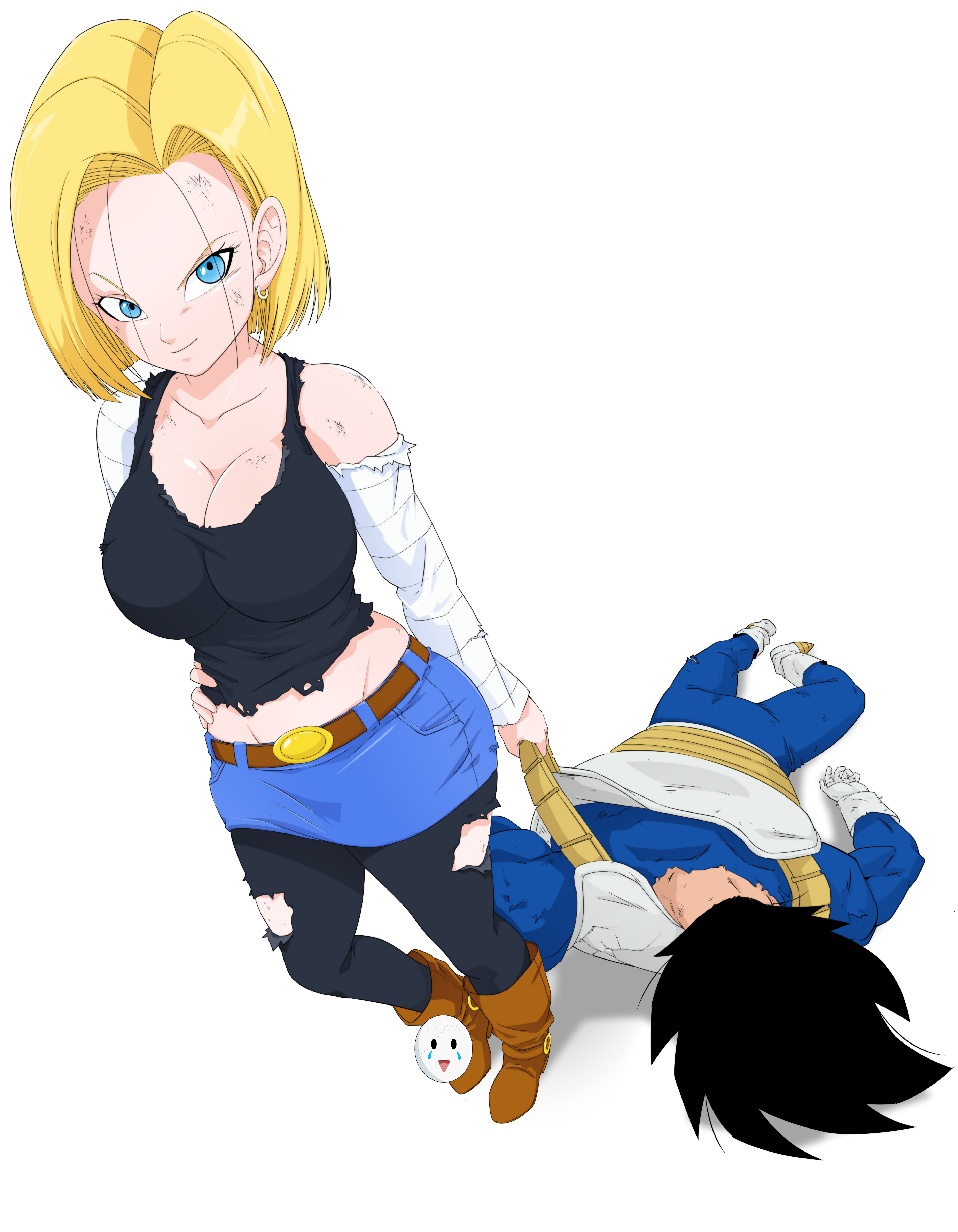 1boy, 1girls, after battle, after fight, android 18, armor, belt, black hair, blonde hair, blue eyes, breasts, busty, carrying, carrying partner, cleavage, defeated, destroyed clothing, dragging, dragon ball, dragon ball z, earrings, female, femdom, gloves, hand on own hip, imminent sex, jewelry, large breasts, looking at viewer, male, malesub, midriff, naughty face, no bra, raised eyebrow, skirt, smug, suggestive, torn clothes, vegeta, voluptuous, wardrobe malfunction