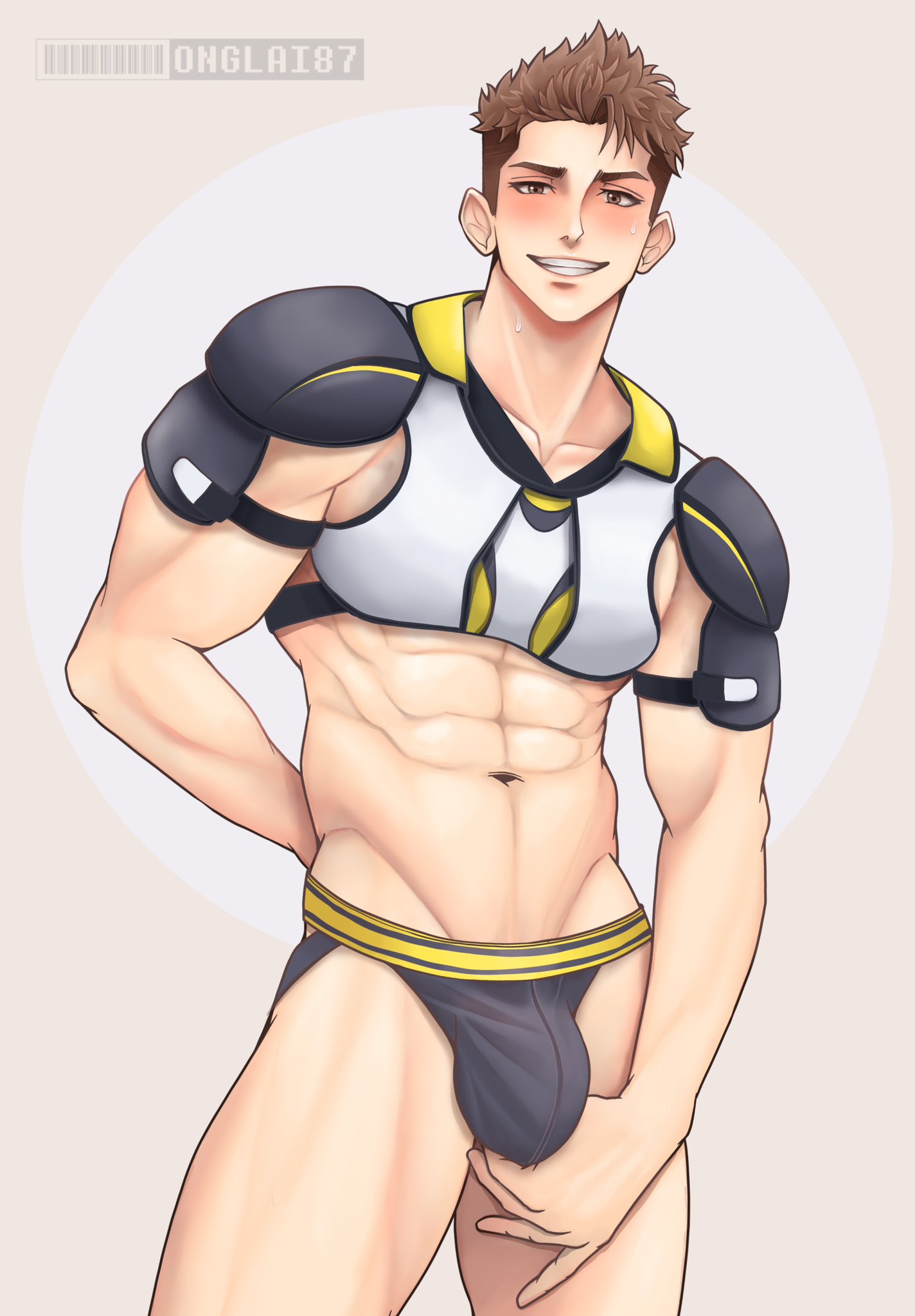 1boy abs athletic_male blush brown_hair bulge commission football_uniform hand_behind_back jockstrap looking_at_viewer male male_only muscular muscular_male onglai87 shoulder_pads smile smiling smiling_at_viewer solo solo_male sportswear standing underwear v-line