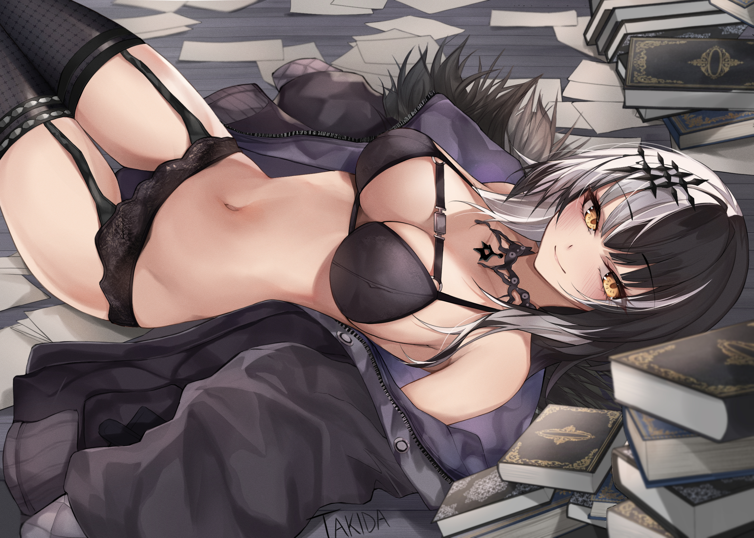book, garter belt, hololive, hololive english, hololive english -advent-, jacket, laying on floor, lingerie, shiori novella, split-color hair, stockings, takidasan, virtual youtuber