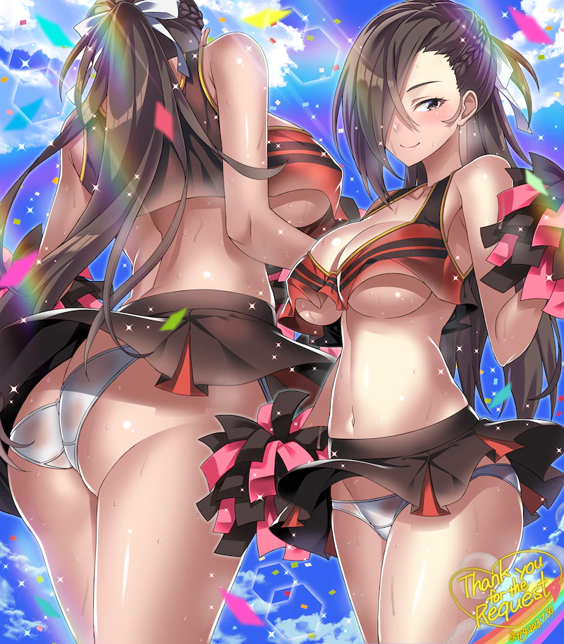 1girls alternate_costume ass bare_shoulders bare_thighs blue_sky blush breasts brown_eyes brown_hair cheerleader cleavage cloud cloudy_sky commission cowboy_shot crop_top female female_only fire_emblem fire_emblem_fates from_behind hair_over_one_eye holding holding_pom_poms kagero_(fire_emblem) large_ass large_breasts long_hair looking_at_viewer macaroni_hourensou midriff miniskirt multiple_views navel nintendo panties pantyshot pleated_skirt pom_pom_(cheerleading) ponytail revealing_clothes simple_background skeb_commission skirt sky sleeveless smile solo sweat thank_you thighs underboob underwear white_panties