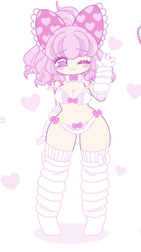 1girls :3 aesthetic bow bow_tie chibi curlers eyebrows_visible_through_hair female female_only greeting heart heart-shaped_pupils legwear looking_at_viewer original pink_hair safe sfw simple_background small_breasts socks standing underwear white_background wholesome wink