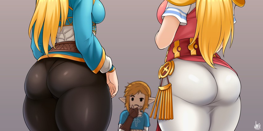 1boy, 2girls, a link between worlds, a link to the past, arched back, ass, ass focus, blonde hair, breath of the wild, curvy figure, dual persona, faceless female, female, fingerless gloves, from behind, jmg, link, link (breath of the wild), long hair, lower body, male, nintendo, pants, pantylines, pointy ears, princess zelda, square crossover, standing, tagme, the legend of zelda, tight clothing, tight pants, zelda (a link between worlds), zelda (a link to the past), zelda (breath of the wild)