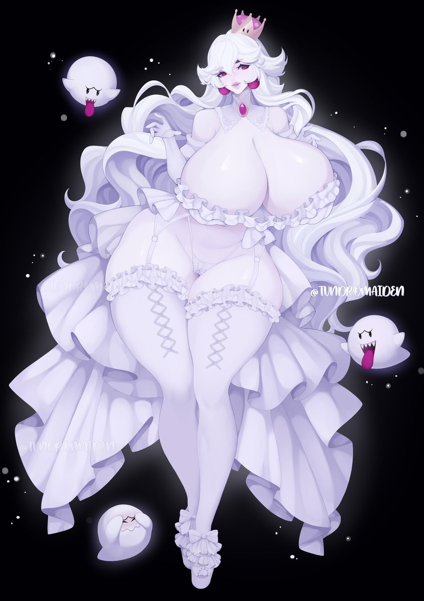 1girl 1girls big_breasts boo_(mario) boosette breasts_bigger_than_head cleavage gloves long_tongue luigi's_mansion mario_(series) new_super_mario_bros._u_deluxe nintendo no_bra panties pink_eyes sharp_teeth super_crown tundromaiden visible_areolae white_gloves white_hair white_skin