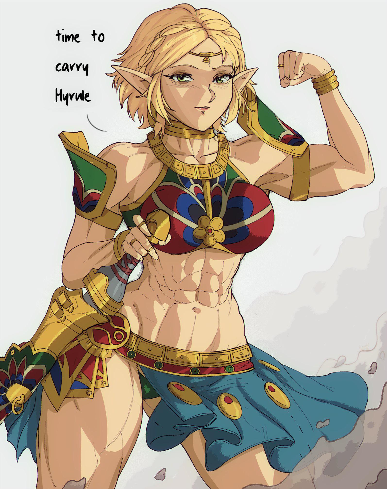 1girls, abs, bare shoulders, biceps, blonde hair, breasts, cowboy shot, female, flexing, green panties, hi res, jewelry, medium breasts, muscular, muscular female, navel, nintendo, obliques, panties, pointy ears, princess zelda, serratus anterior, solo, sword, tears of the kingdom, the legend of zelda, thick thighs, underwear, weapon, yellow eyes, yoracrab, zelda (tears of the kingdom)