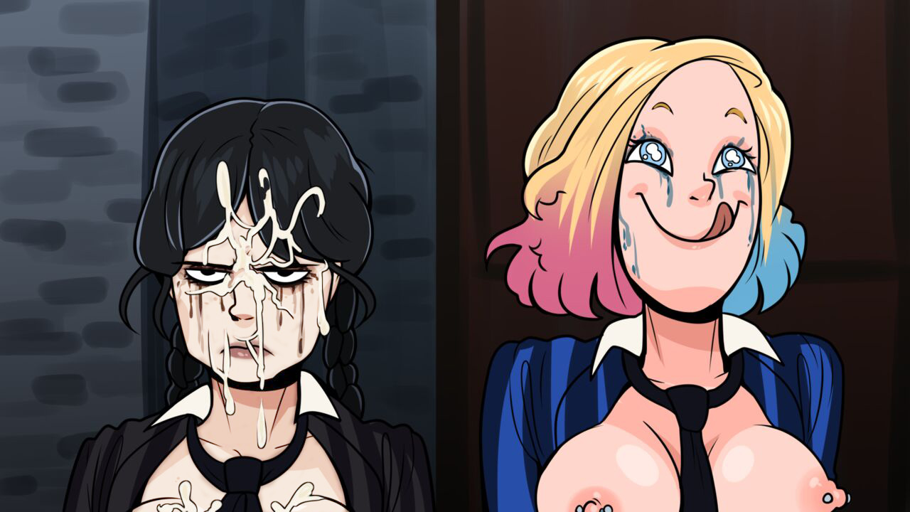 after fellatio, black hair, blonde hair, blue eyes, breasts, clothed, cum, cum on breasts, cum on face, edit, emma myers, enid sinclair, female, female only, frown, hellonearthiii, jenna ortega, light skin, light-skinned female, open topwear, pale skin, pale-skinned female, pierced nipples, piercing, runny makeup, smile, tears, the addams family, wednesday (netflix), wednesday addams