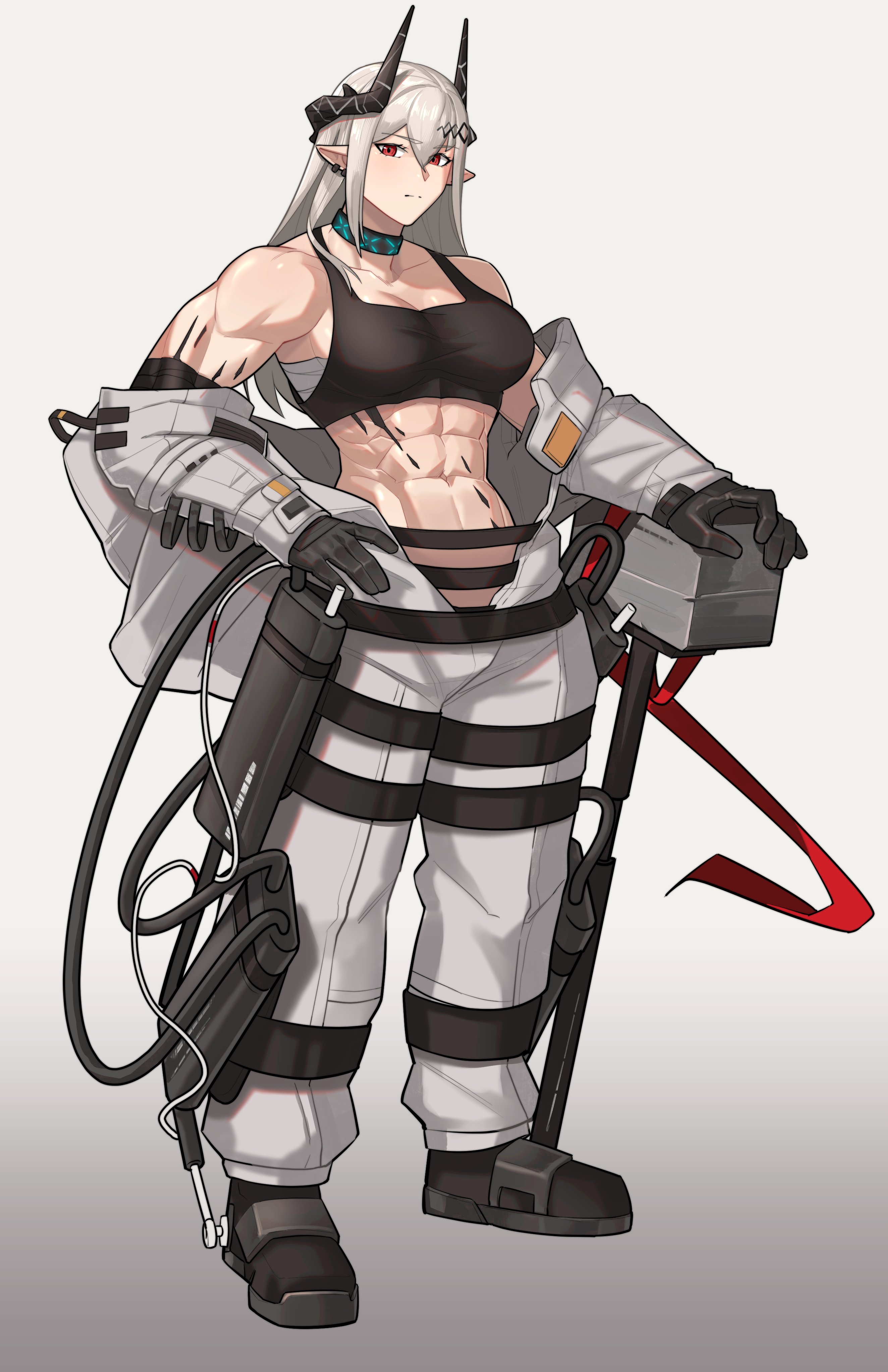 abs, absurdres, arknights, bare shoulders, black choker, black footwear, black gloves, breasts, choker, cleavage, crop top, demon, demon girl, demon horns, ear piercing, female, full body, gloves, gradient background, grey background, grey hair, hammer, highres, horns, infection monitor (arknights), kimmy tsunami, large breasts, long hair, looking at viewer, midriff, mudrock (arknights), mudrock (elite ii) (arknights), muscular, muscular female, oripathy lesion (arknights), piercing, pointy ears, red eyes, sarashi, shoes, solo, sports bra, standing, stomach, weapon
