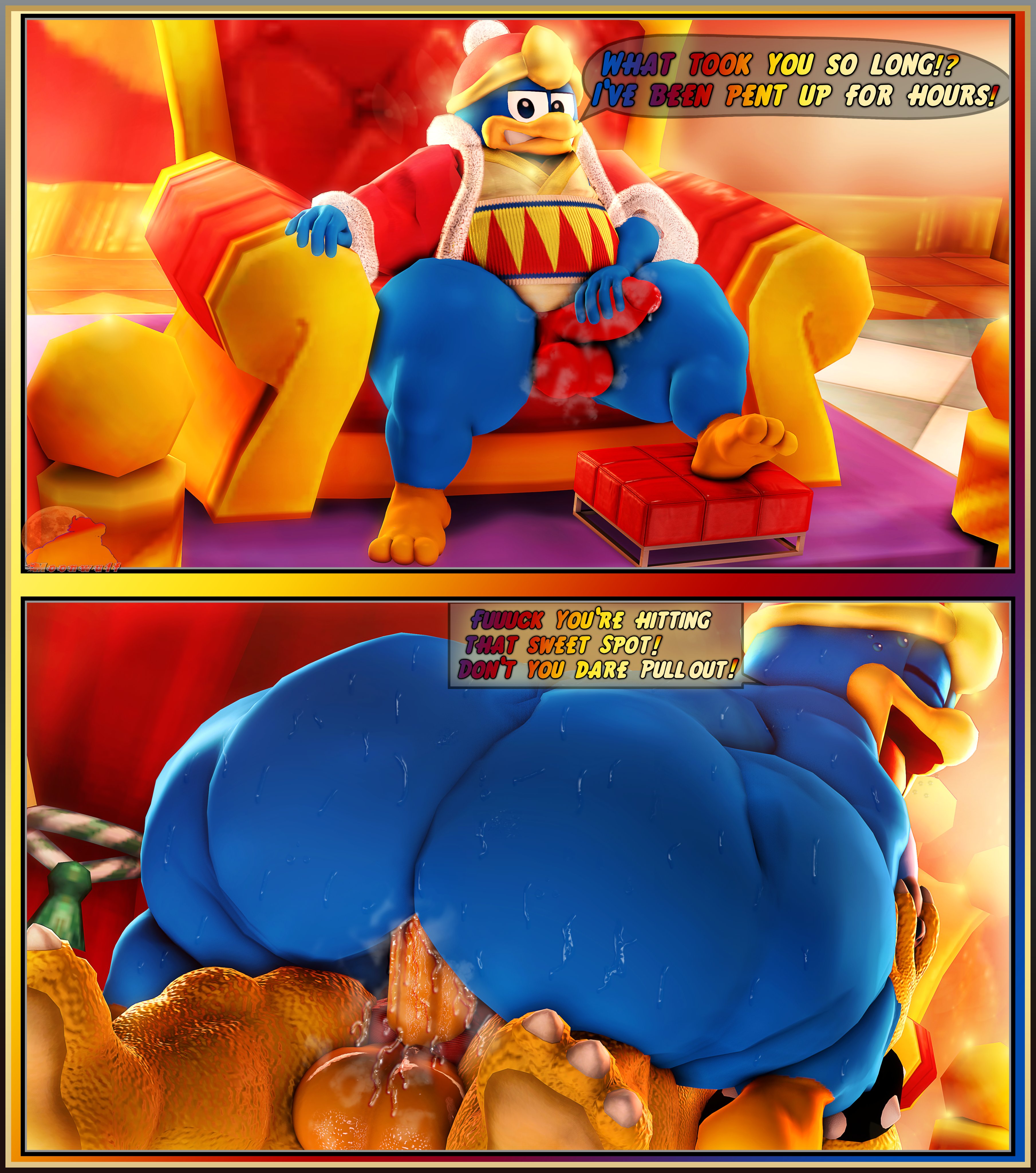 2boys, 3d, anal, anal sex, anthro, ass, balls, big balls, big penis, blue skin, bowser, closed eyes, cowgirl position, fat male, female, gay, gay sex, huge ass, king dedede, kirby (series), male, male only, mario (series), moonwulf, nintendo, open mouth, overweight, penis, speech bubble, sweat, tagme, text, thick thighs, wide hips, yaoi