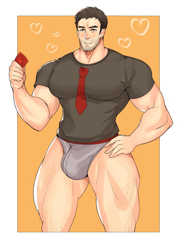 beard_stubble big_bulge black_shirt blush bulge condom_wrapper daddy dark_hair dojima_ryotaro gray_shirt gray_underwear hand_on_hip holding_condom leg_hair male male_only muscular_arms muscular_male muscular_thighs pectoral_bulge persona_4 scruffley shirt smiling solo suggestive underwear