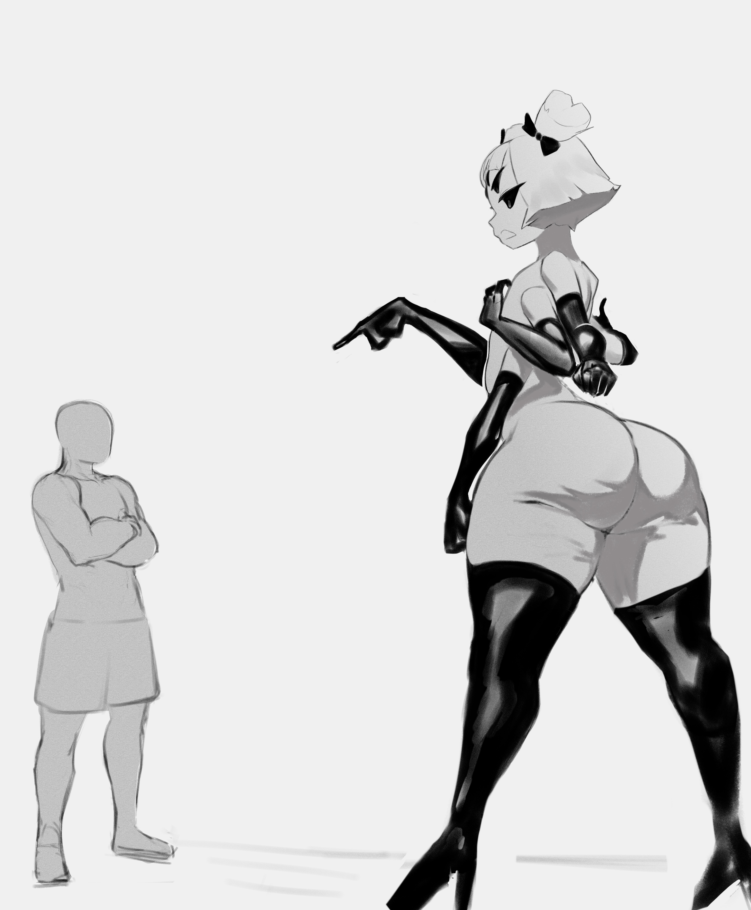 1girls, ass, breasts, clothed, clothed male, clothed male nude female, female, flat chest, flat chested, gloves, greyscale, height difference, huge ass, huge thighs, krid (artist), larger female, latex, latex gloves, latex thighhighs, male, muffet, naked gloves, naked stockings, nude, nude female, nude female clothed male, pear shaped, pear shaped female, pear-shaped figure, size difference, small breasts, smaller male, taller female, thick thighs, thighhighs, undertale, undertale (series), wide hips