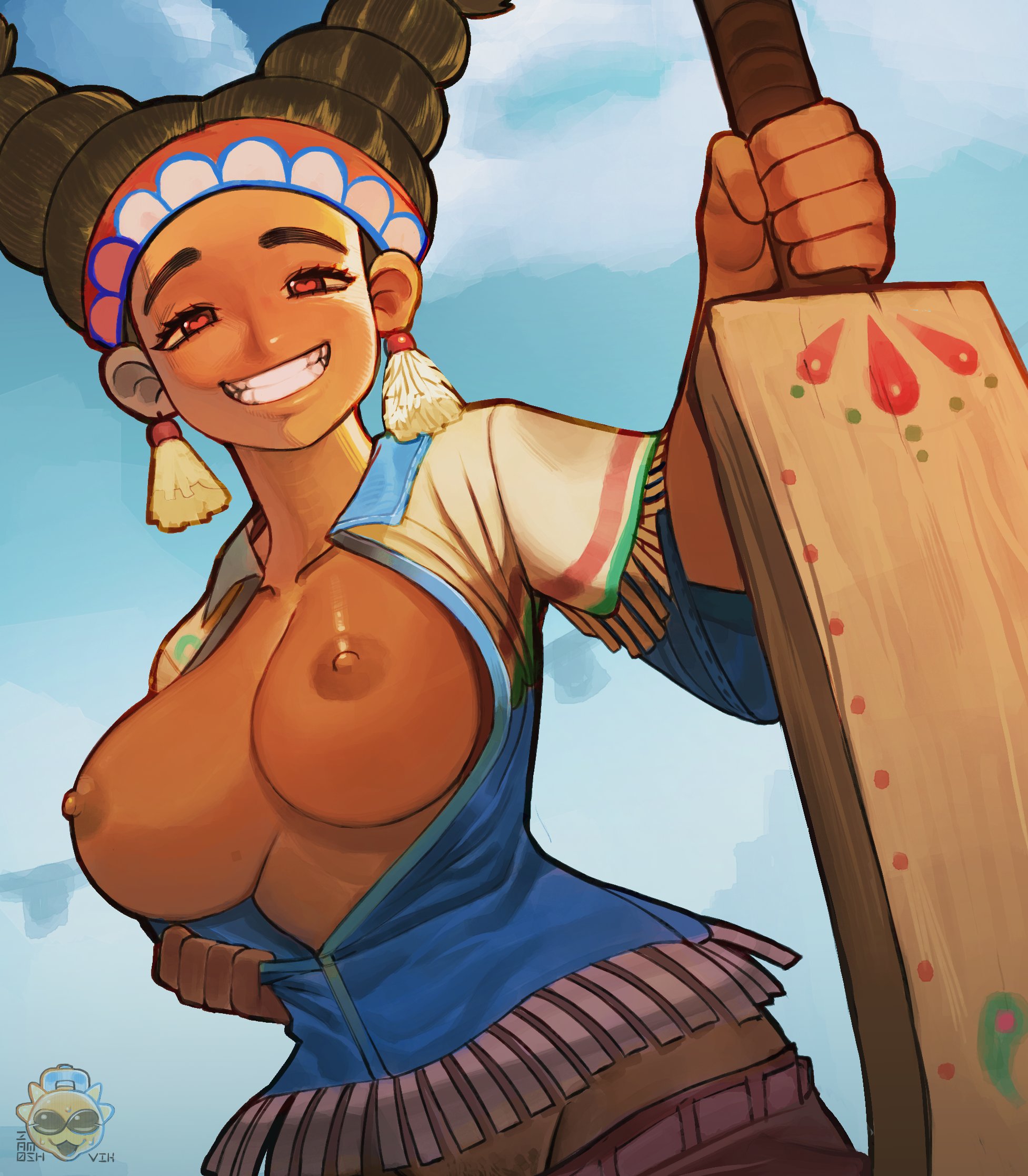 1girls, big breasts, black hair, breasts, breasts out, busty, capcom, cleavage, dark skin, dark-skinned female, earrings, eyebrows, female, female focus, female only, heart-shaped pupils, jean shorts, large breasts, lily hawk, looking at viewer, native american, navel, nipples, orange eyes, short shorts, shorts, smile, solo, solo female, solo focus, street fighter, street fighter 6, wide hips, zamoshvik