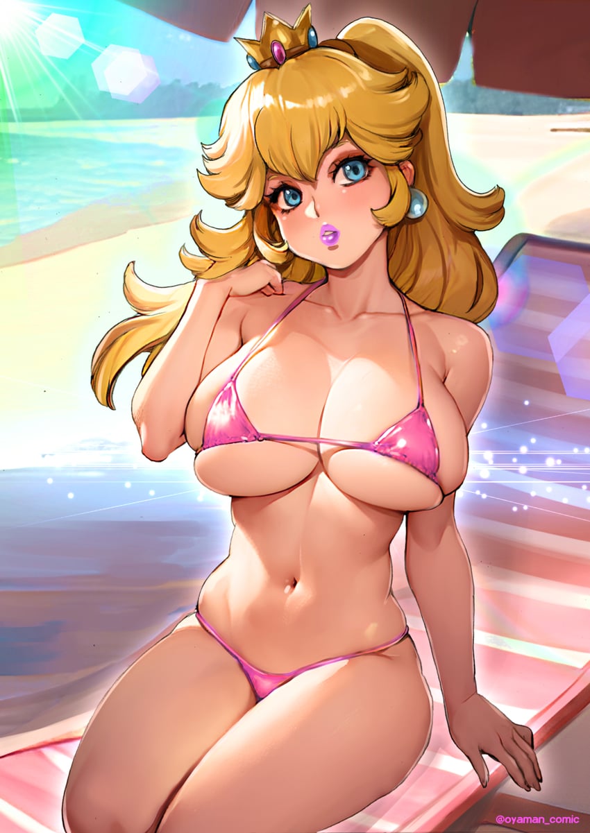 1girls, artist name, beach, beach chair, big breasts, bikini, blonde hair, blue eyes, breasts, chair, cleavage, crown, day, earrings, female, female only, hand on shoulder, light skin, light-skinned female, lips, lipstick, long hair, makeup, mario (series), micro bikini, navel, nintendo, ocean, outdoors, oyaman, pink bikini, pink lips, pink lipstick, ponytail, princess peach, solo, swimsuit, thighs, tied hair, tight clothing, water