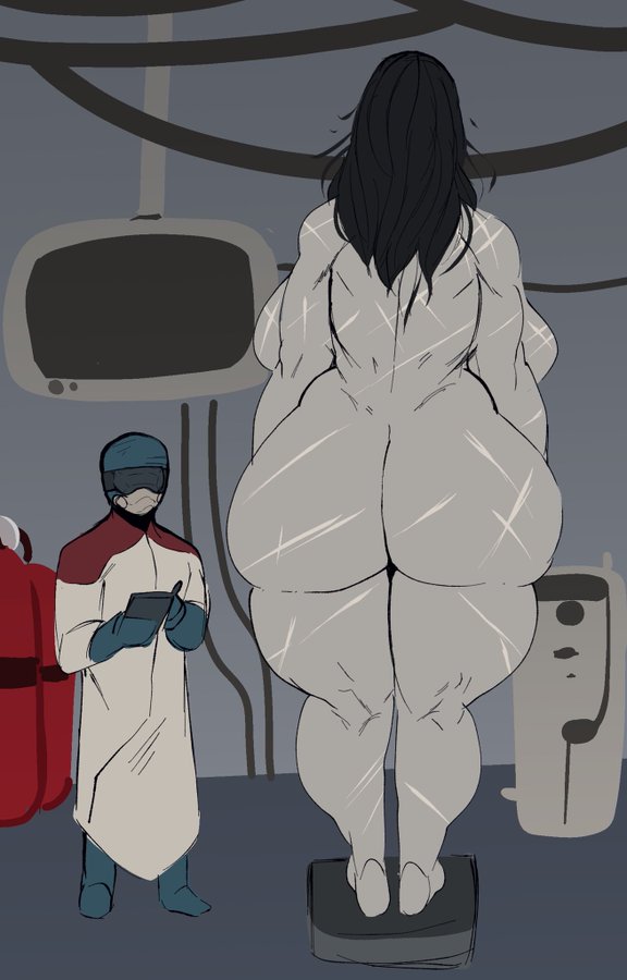 1boy 1girls big_ass black_hair completely_nude completely_nude_female female full_body gloves grey_skin male naked naked_female nude nude_female obese_female repomorame researcher saggy scars studying tall_female